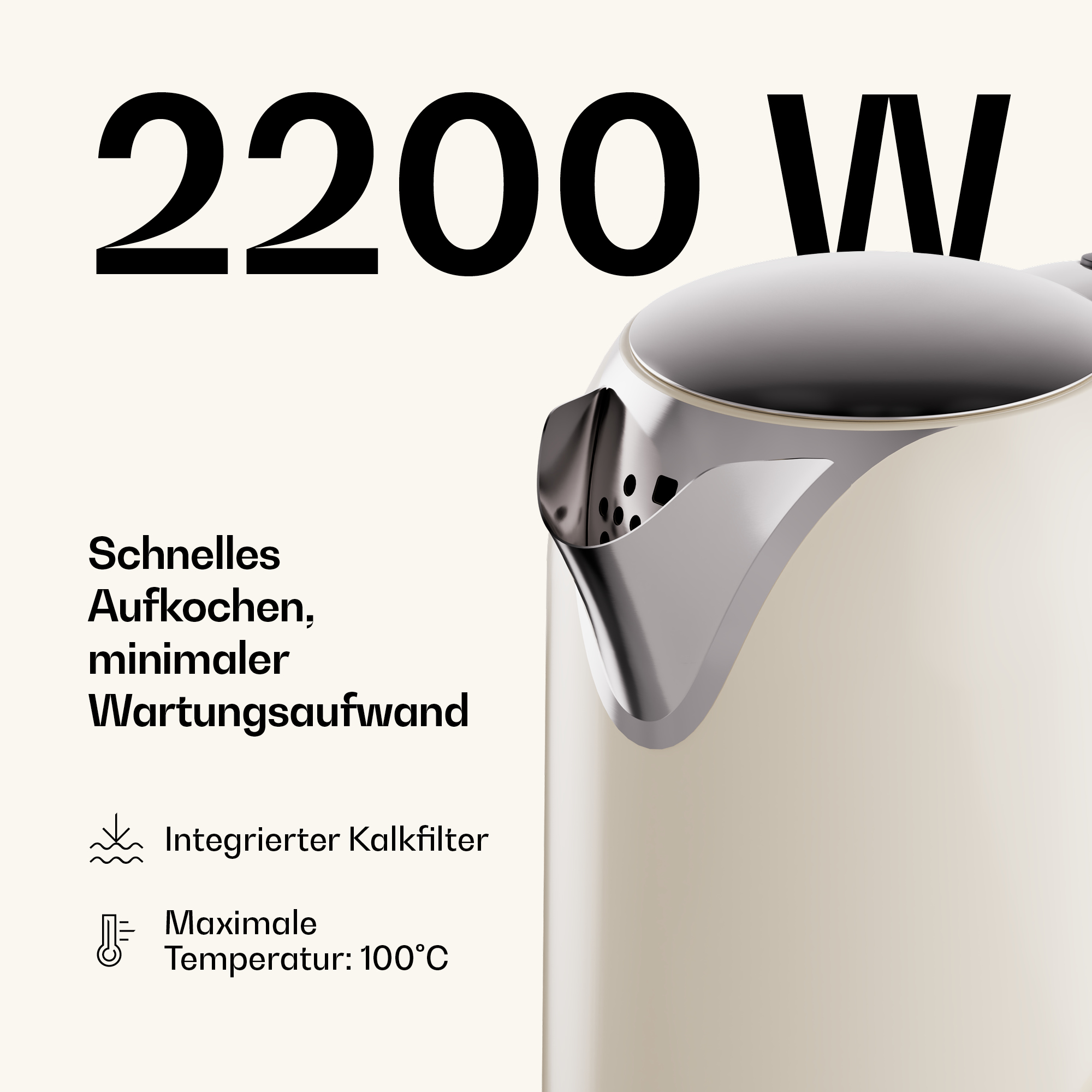 Ein beiges Elektro-Wasserkocher mit silbernem Ausguss und Deckel vor hellem Hintergrund, mit deutschem Werbetext.