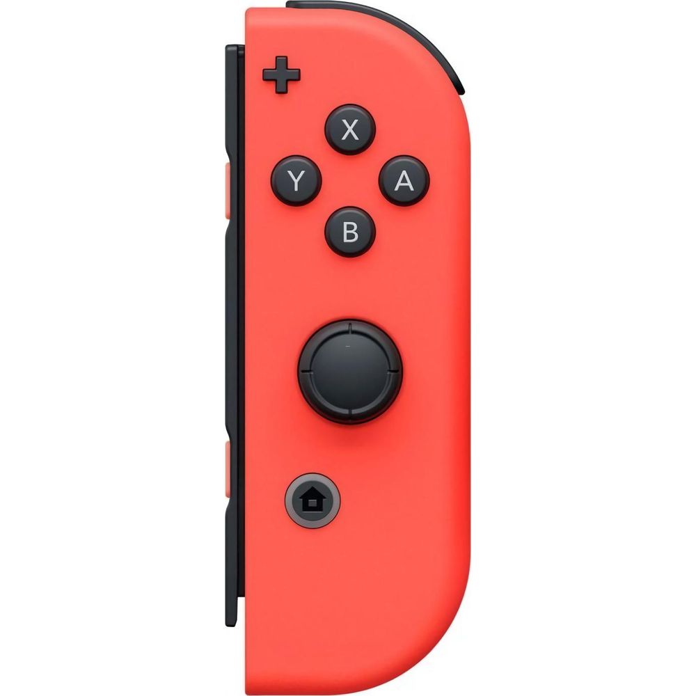 Un controller Joy-Con rosso per Nintendo Switch con pulsanti neri su sfondo bianco.