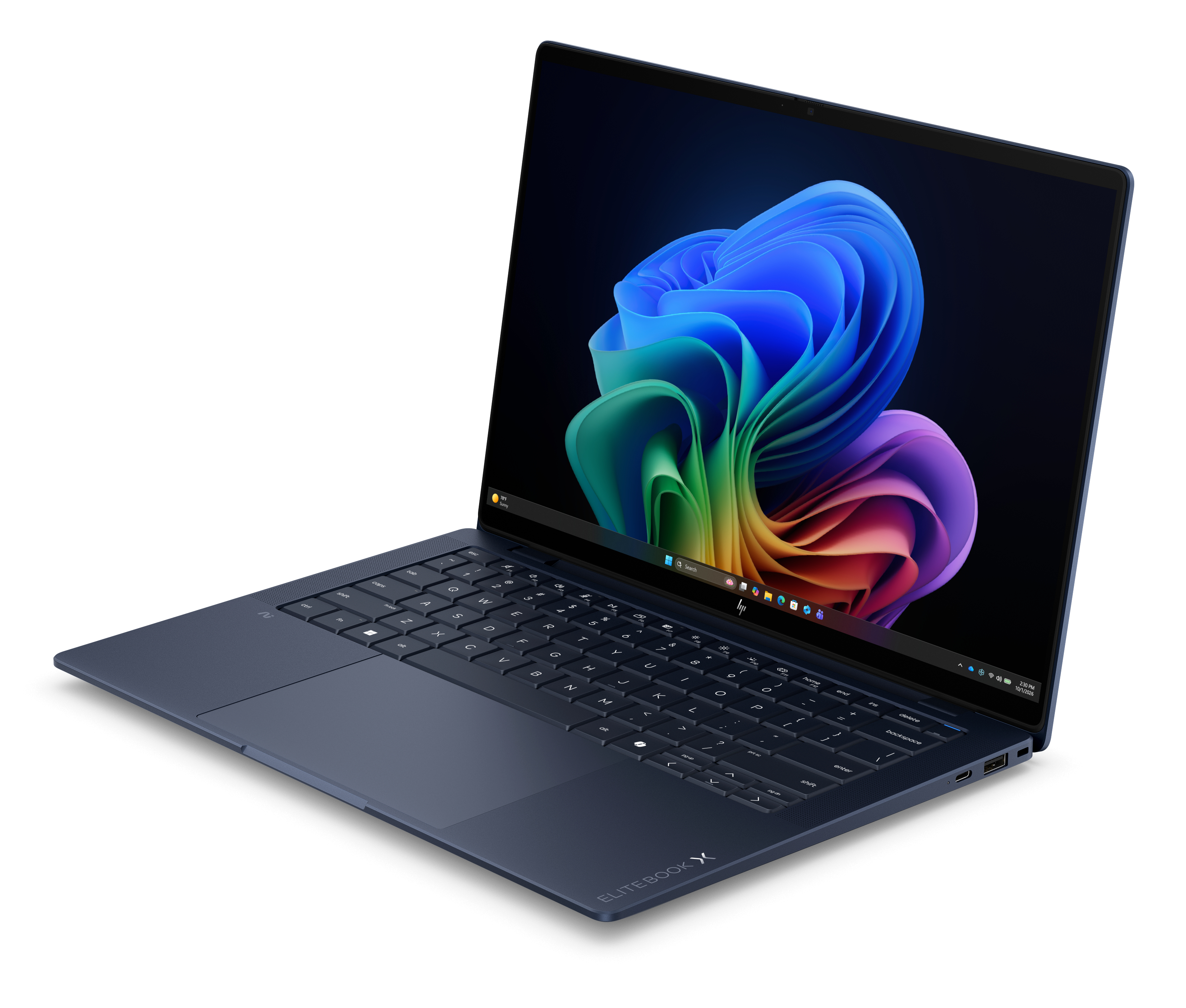 A blue laptop with a colorful abstract wallpaper on the screen, isolated on a white background.