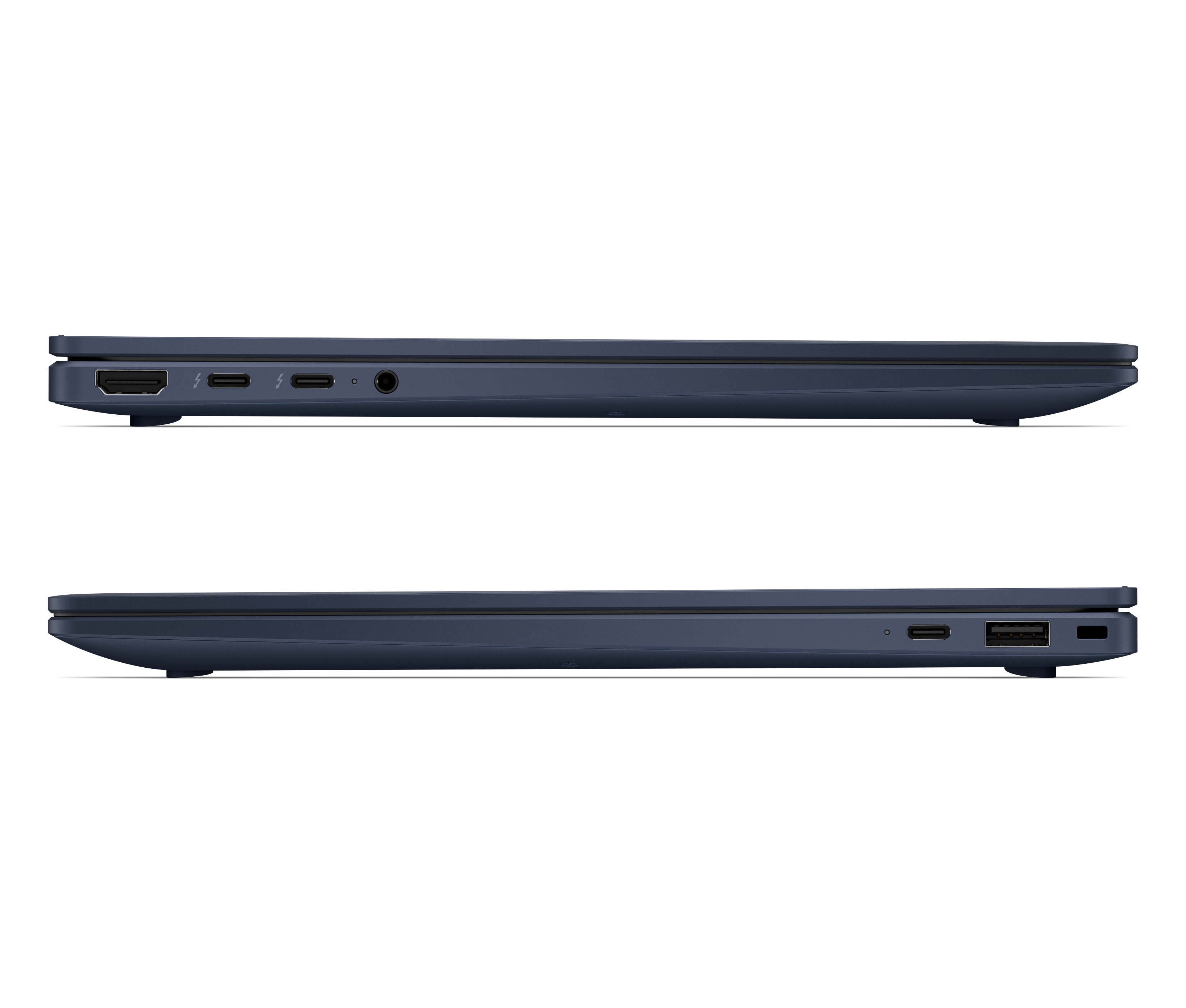 Front and back views of a dark blue laptop, showing various ports like USB-C, HDMI, and audio jack on the sides.
