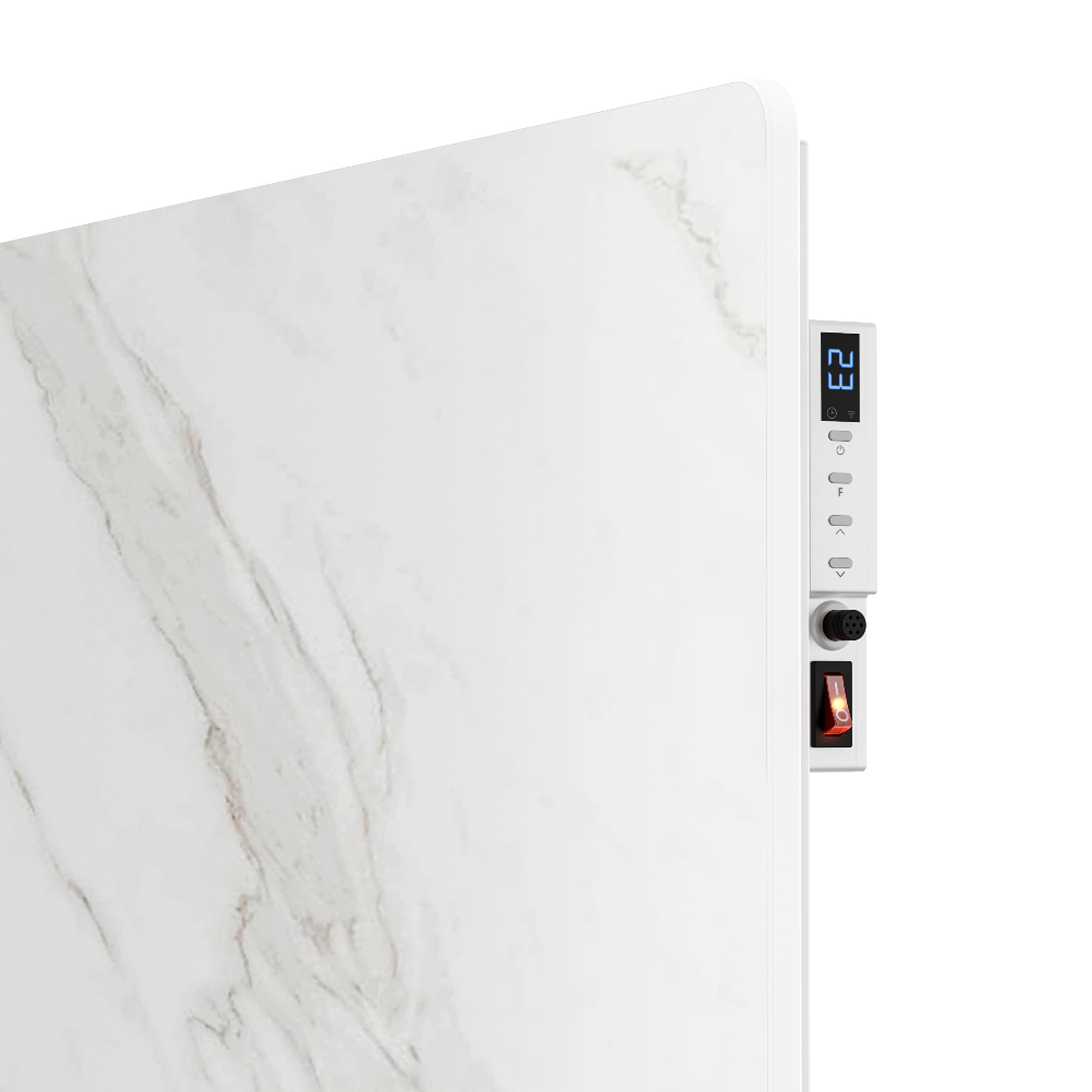 Riscaldatore in marmo bianco con display digitale e interruttore rosso a destra.