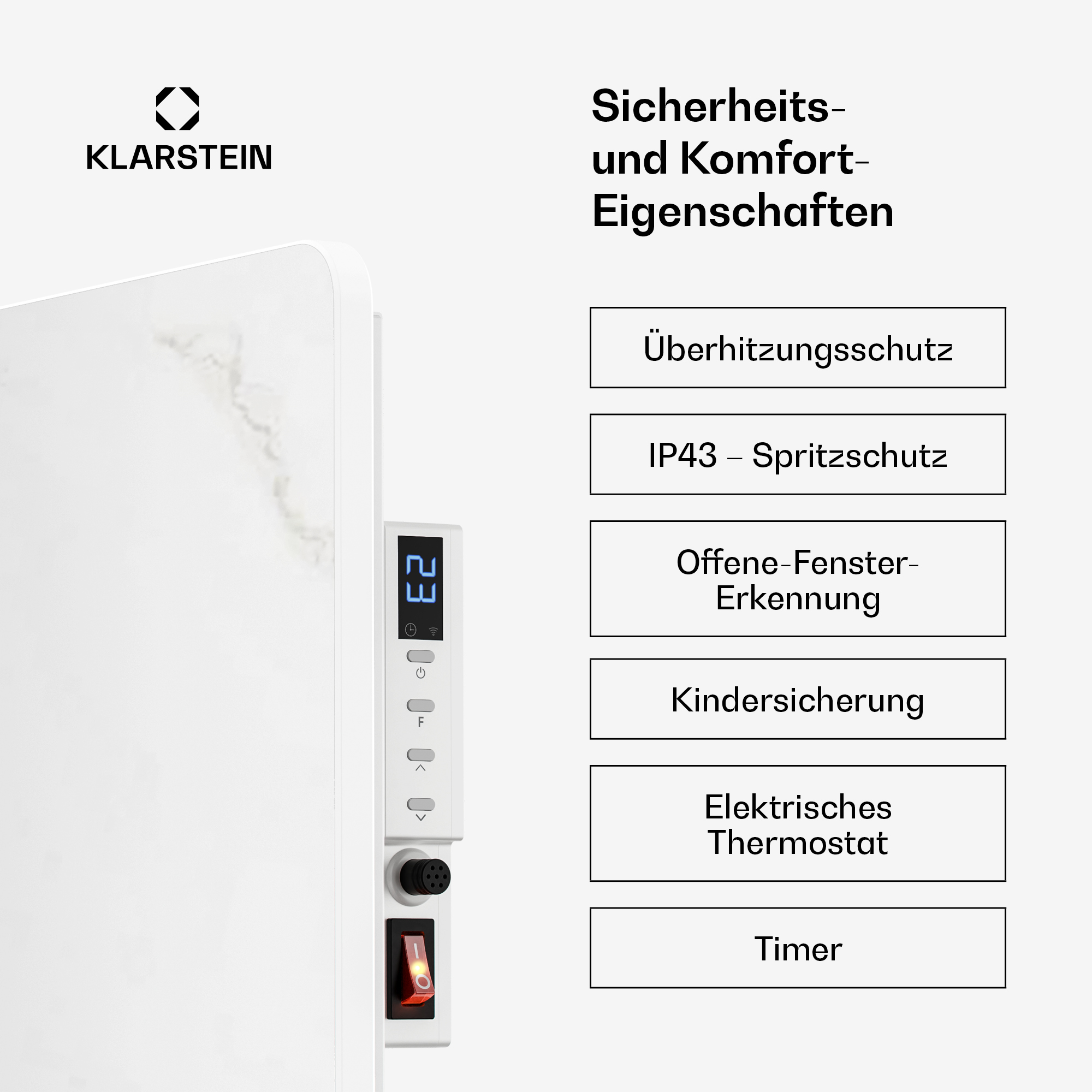 Pannello di controllo della stufa Klarstein e funzioni di sicurezza.
