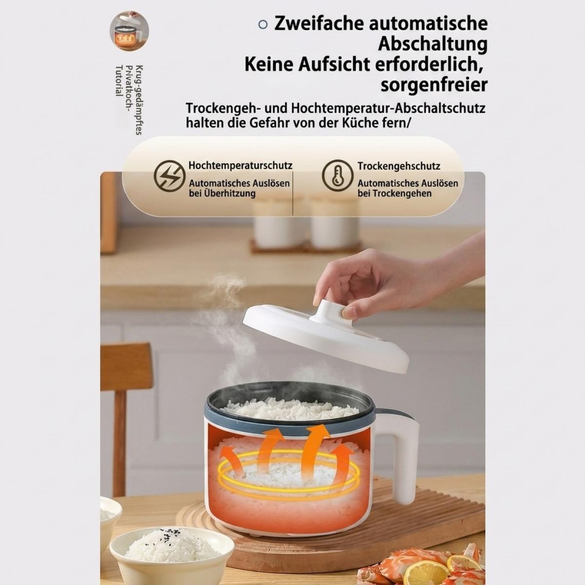 Hand öffnet Topf mit gekochtem Reis und Sicherheitsfunktionen.