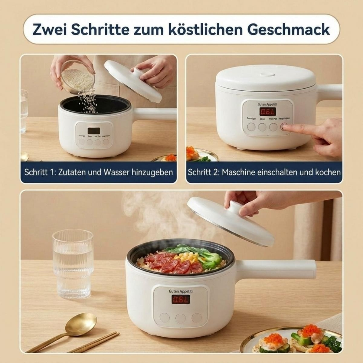 Anleitung zum Einfüllen von Zutaten und Kochen mit einem weißen elektrischen Kochtopf.