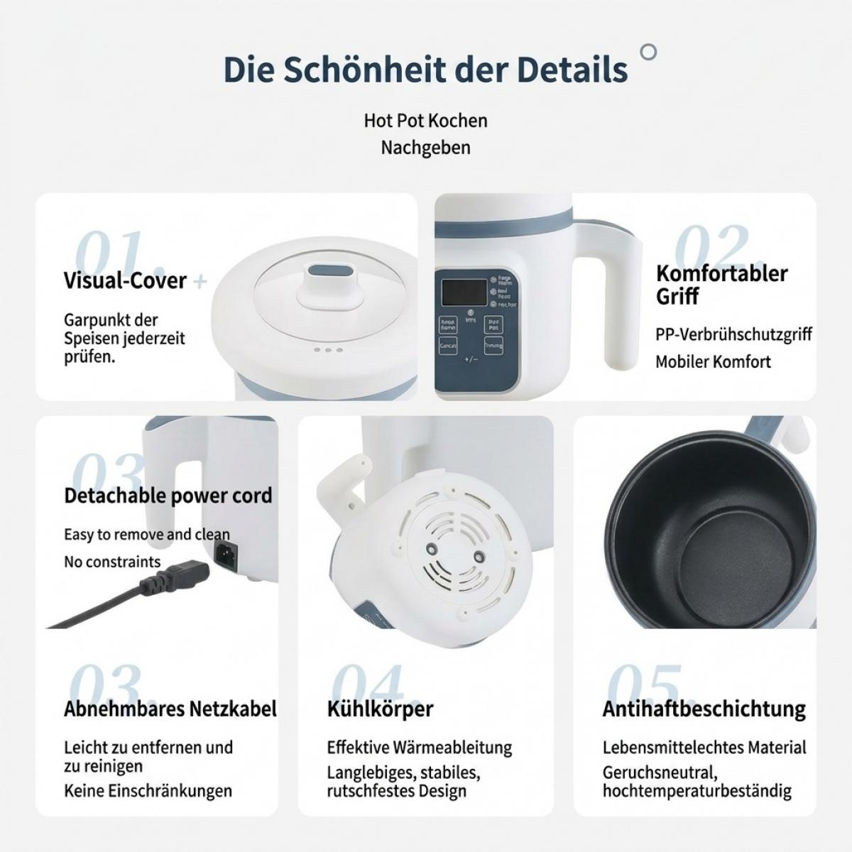Produkt-Infografik eines elektrischen Kochtopfs mit Fokus auf Details wie Deckel, Griff, Netzkabel und Beschichtung.