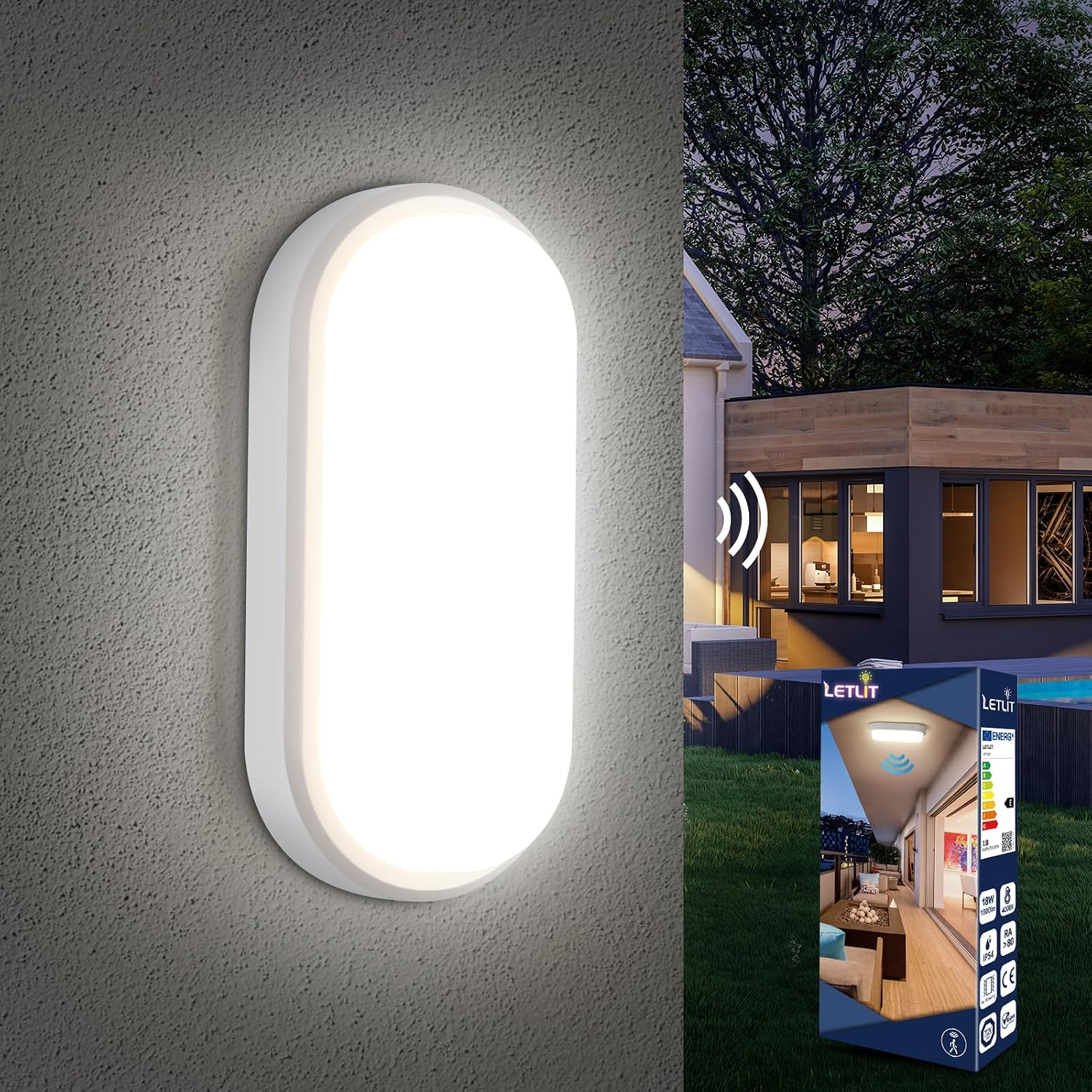 Ovale weiße LED-Wandleuchte an einer grauen Wand, rechts ein beleuchtetes Haus bei Nacht und eine Produktverpackung.