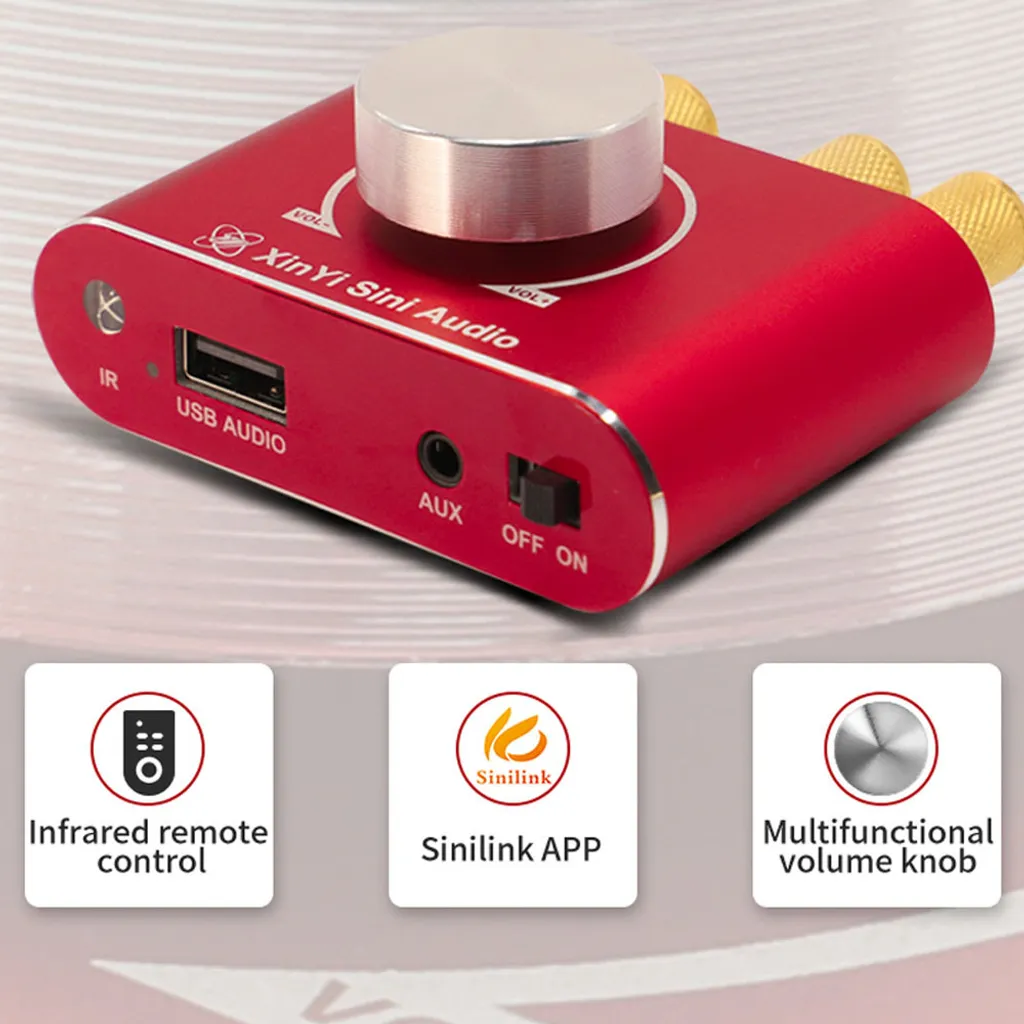 Roter XinYi Sini Audio Verstärker mit großem Lautstärkeregler, USB- und AUX-Anschlüssen.
