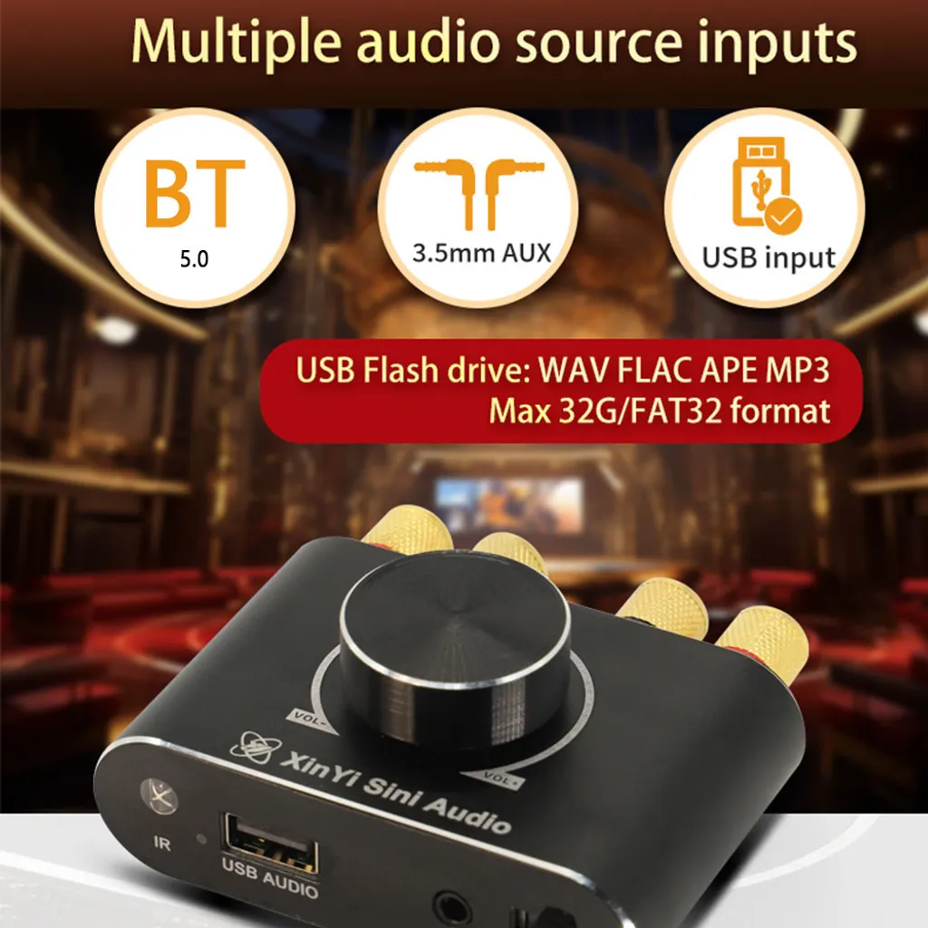 Ein schwarzer Audioverstärker mit großem Lautstärkeregler und Eingängen wie Bluetooth, AUX und USB.