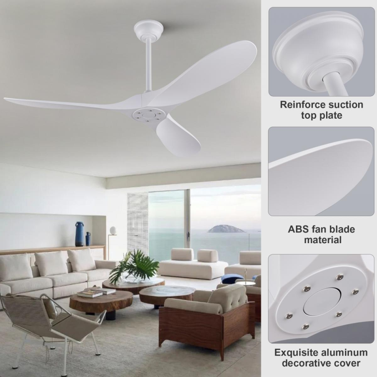 Moderner weißer Deckenventilator mit drei Flügeln in einem hellen Wohnzimmer mit Meerblick und Detailaufnahmen.