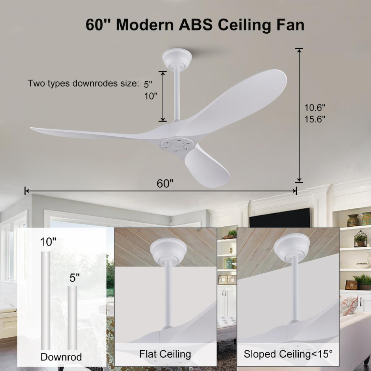 Weißer 60-Zoll moderner Deckenventilator mit Maßangaben und Stangenoptionen.