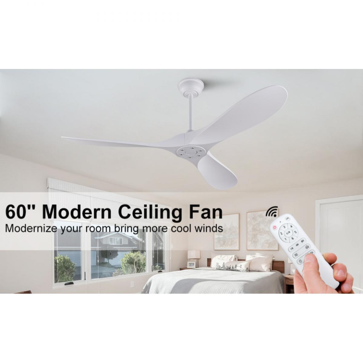 Moderner weißer Deckenventilator mit Fernbedienung im Schlafzimmer.