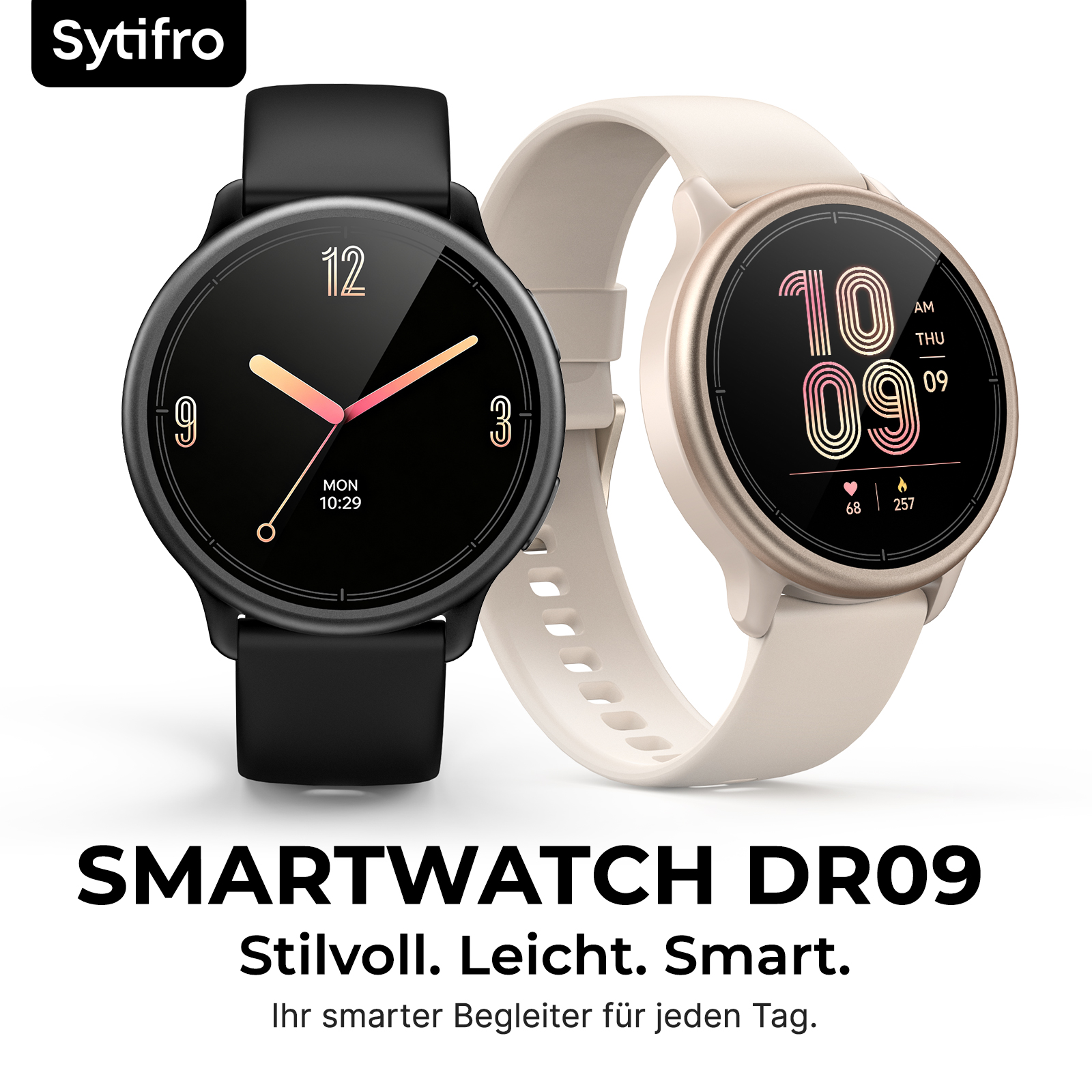Dos relojes Sytifro Smartwatch DR09, uno negro y otro beis, sobre fondo blanco con texto.