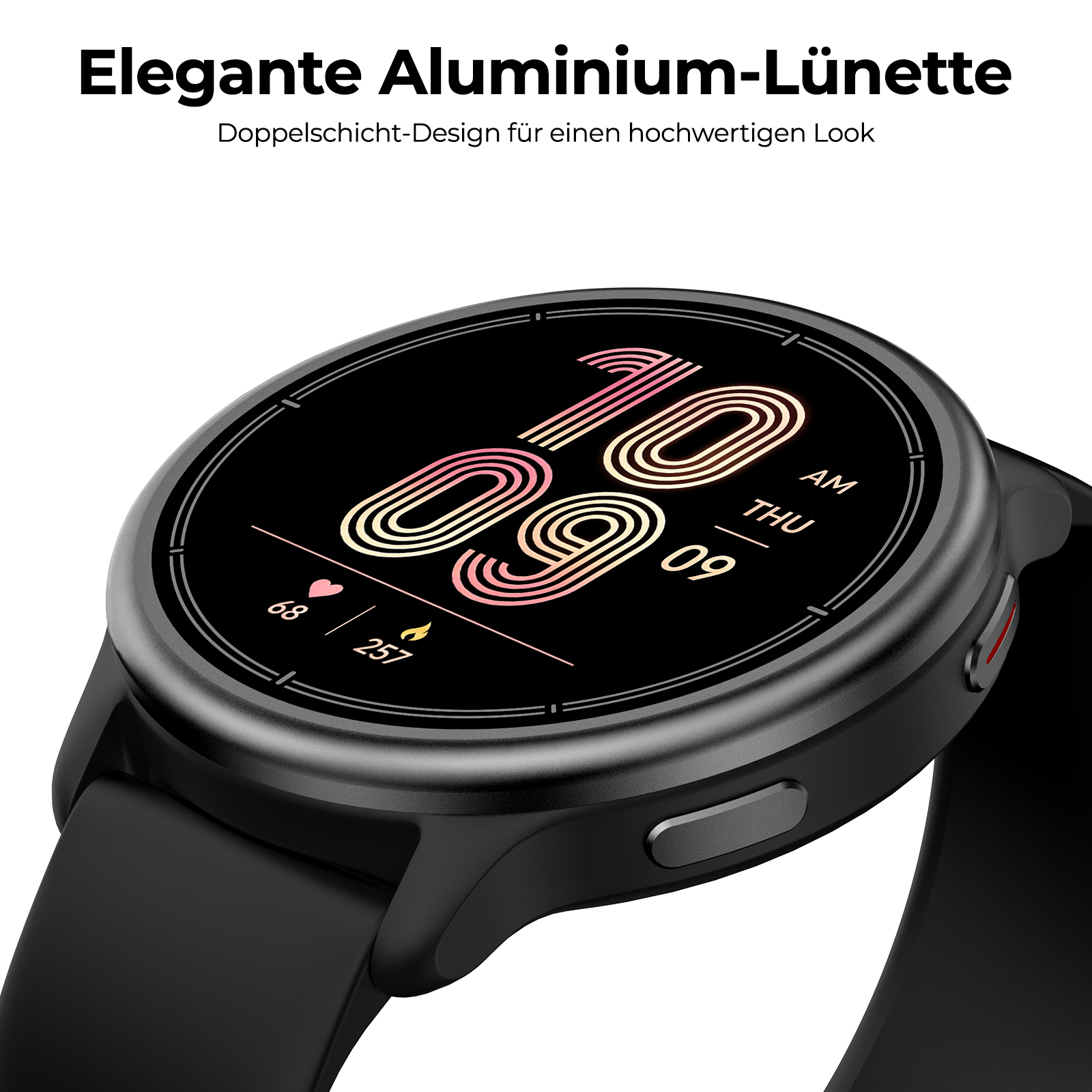 Un reloj inteligente negro con pantalla digital que muestra hora, frecuencia cardíaca y pasos sobre fondo blanco.