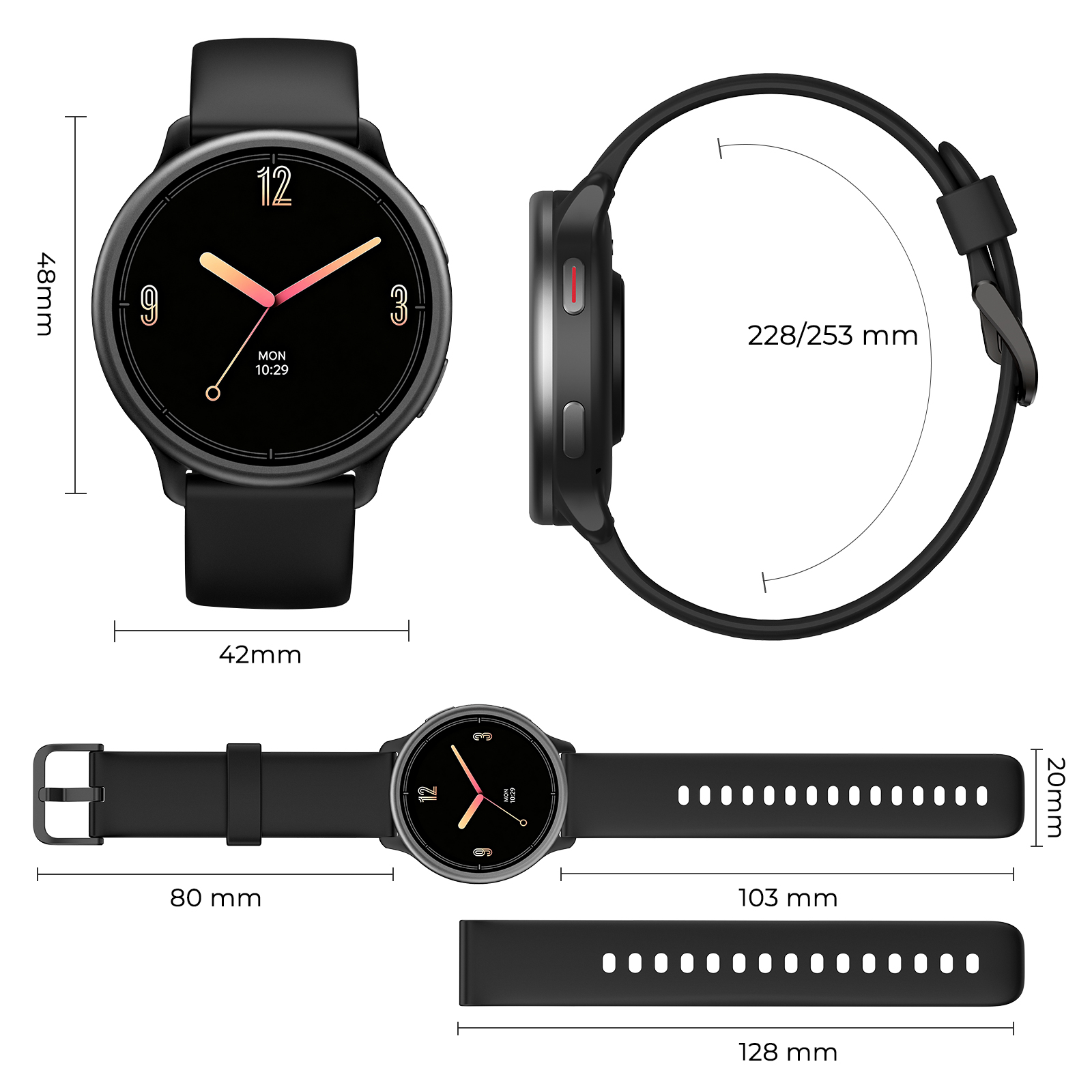 Diagrama técnico que muestra las dimensiones de un reloj inteligente negro y sus correas desde varios ángulos.