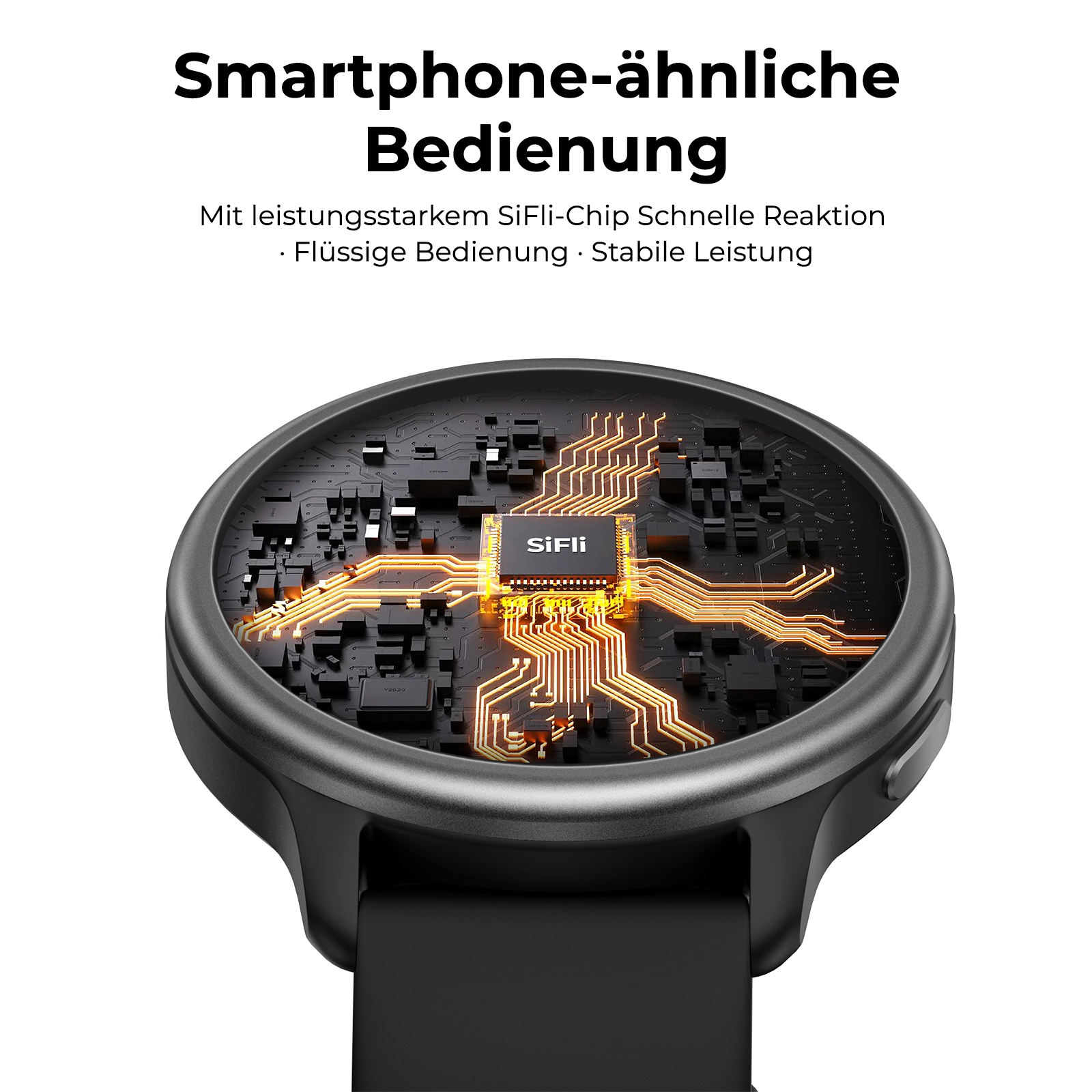 Reloj inteligente con un chip SiFli y circuitos electrónicos en la esfera, con texto en alemán arriba.