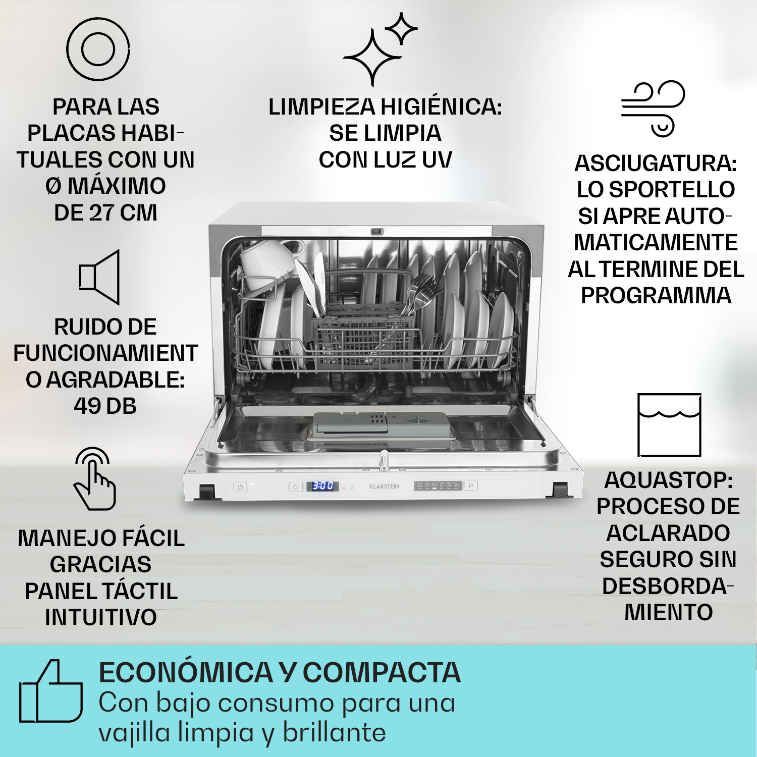 Lavastoviglie con porta aperta, stoviglie cariche e icone con testo attorno.