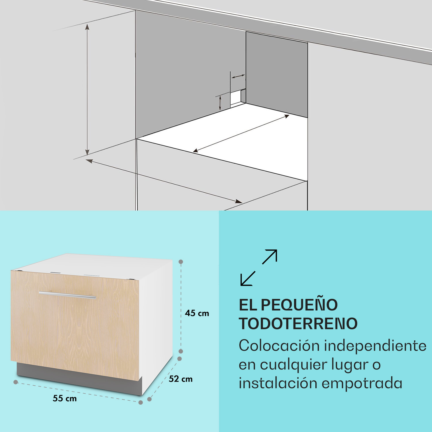 Il diagramma mostra le dimensioni di un piccolo mobile: 55 cm di larghezza, 52 cm di profondità, 45 cm di altezza.