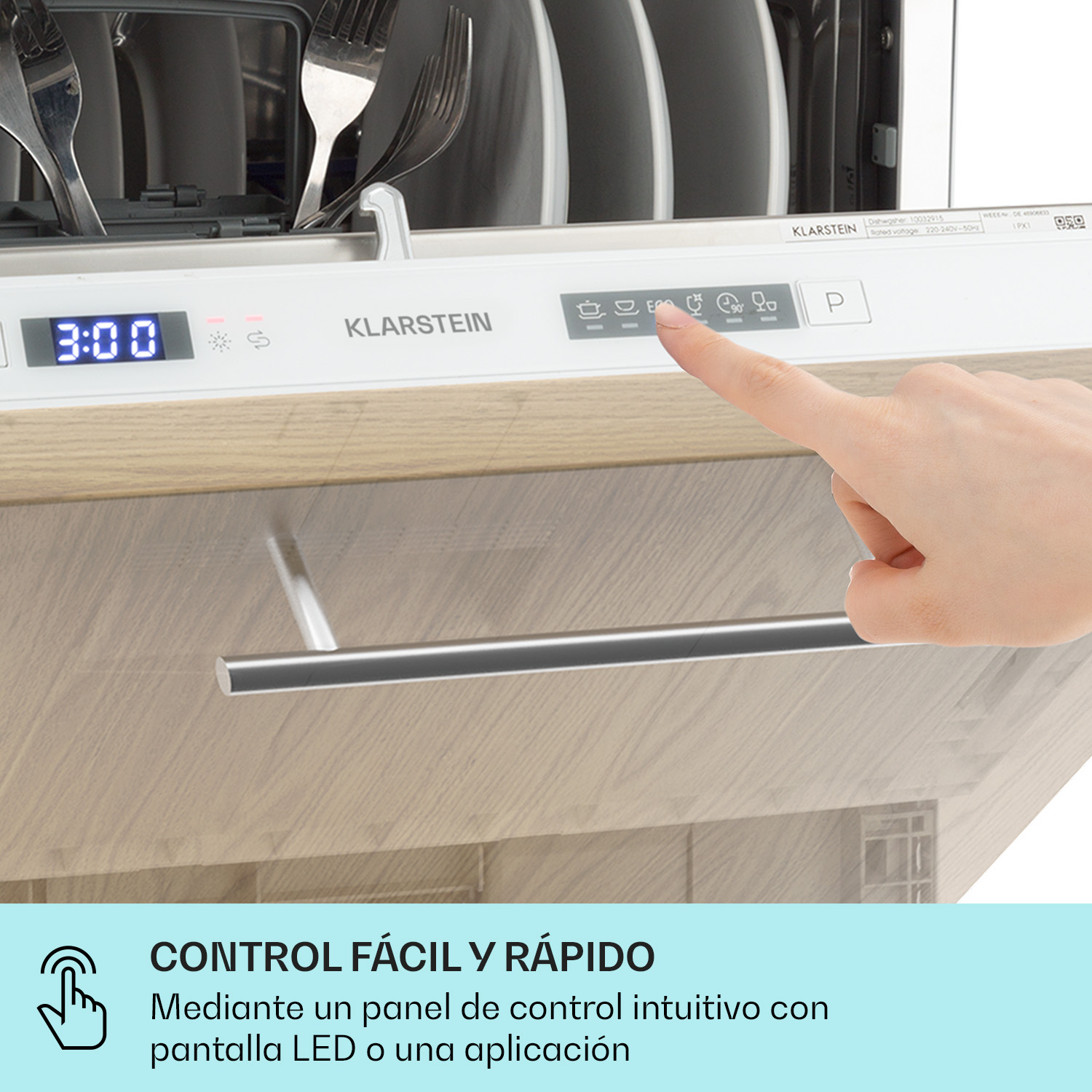 Un dito preme un pannello di controllo touch su una lavastoviglie Klarstein.
