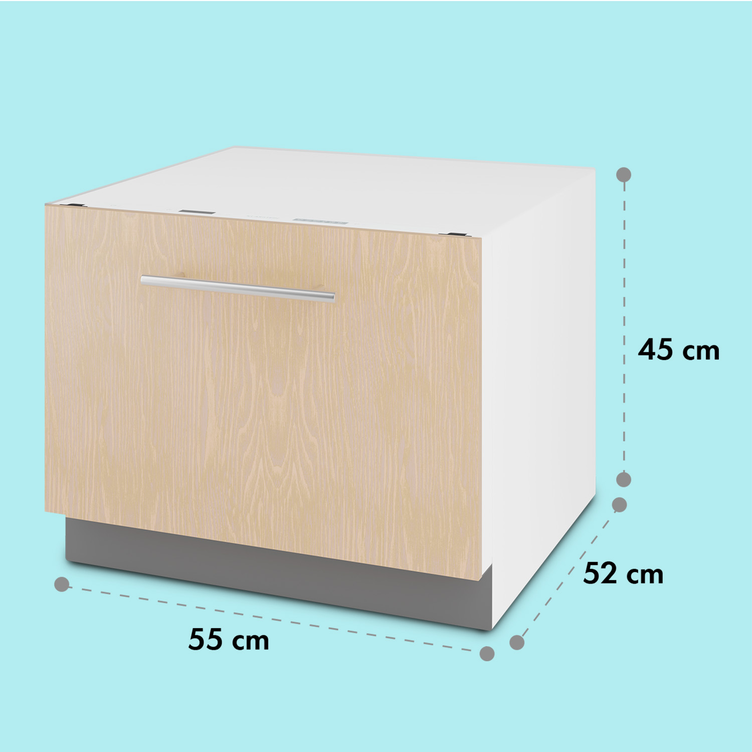 Lavastoviglie compatta color legno e bianca di 55x45x52 cm su sfondo azzurro.