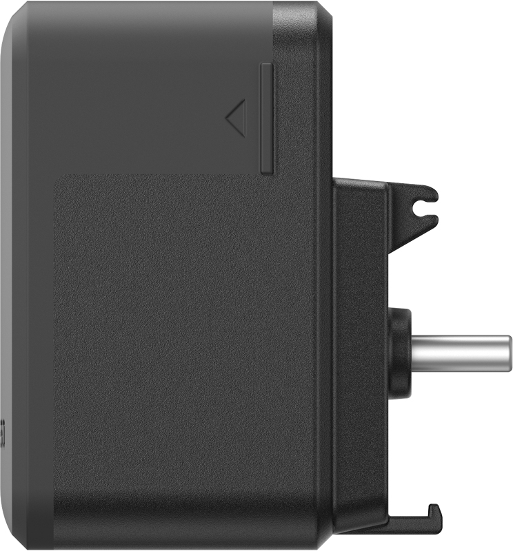 Seitenansicht eines schwarzen elektronischen Geräts mit einer silbernen Metallwelle und Clips.