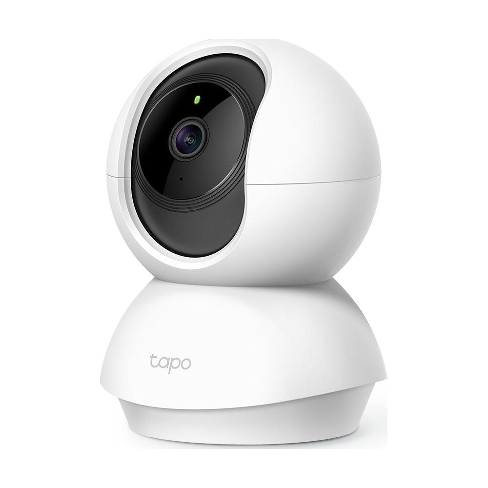 Eine weiße kabellose Sicherheitskamera mit schwarzer Linse und der Aufschrift Tapo auf dem Sockel.