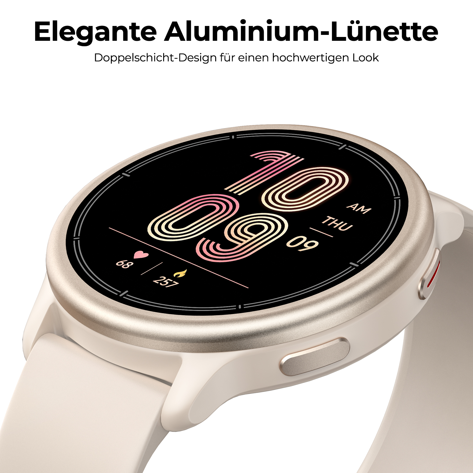 Reloj inteligente beis con pantalla redonda y bisel de aluminio sobre fondo blanco.