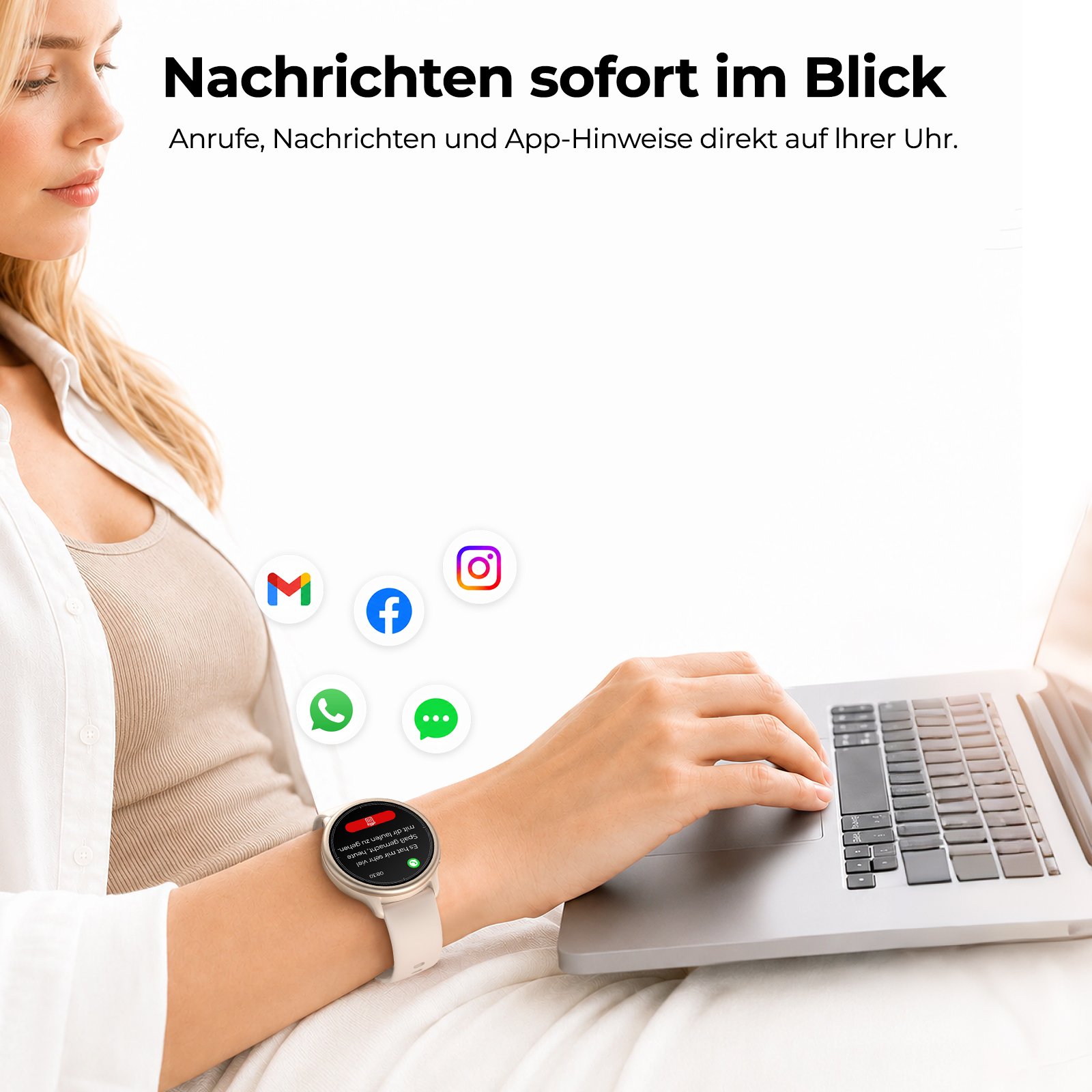 Una mujer escribe en un portátil con un reloj inteligente que muestra notificaciones e iconos flotantes.