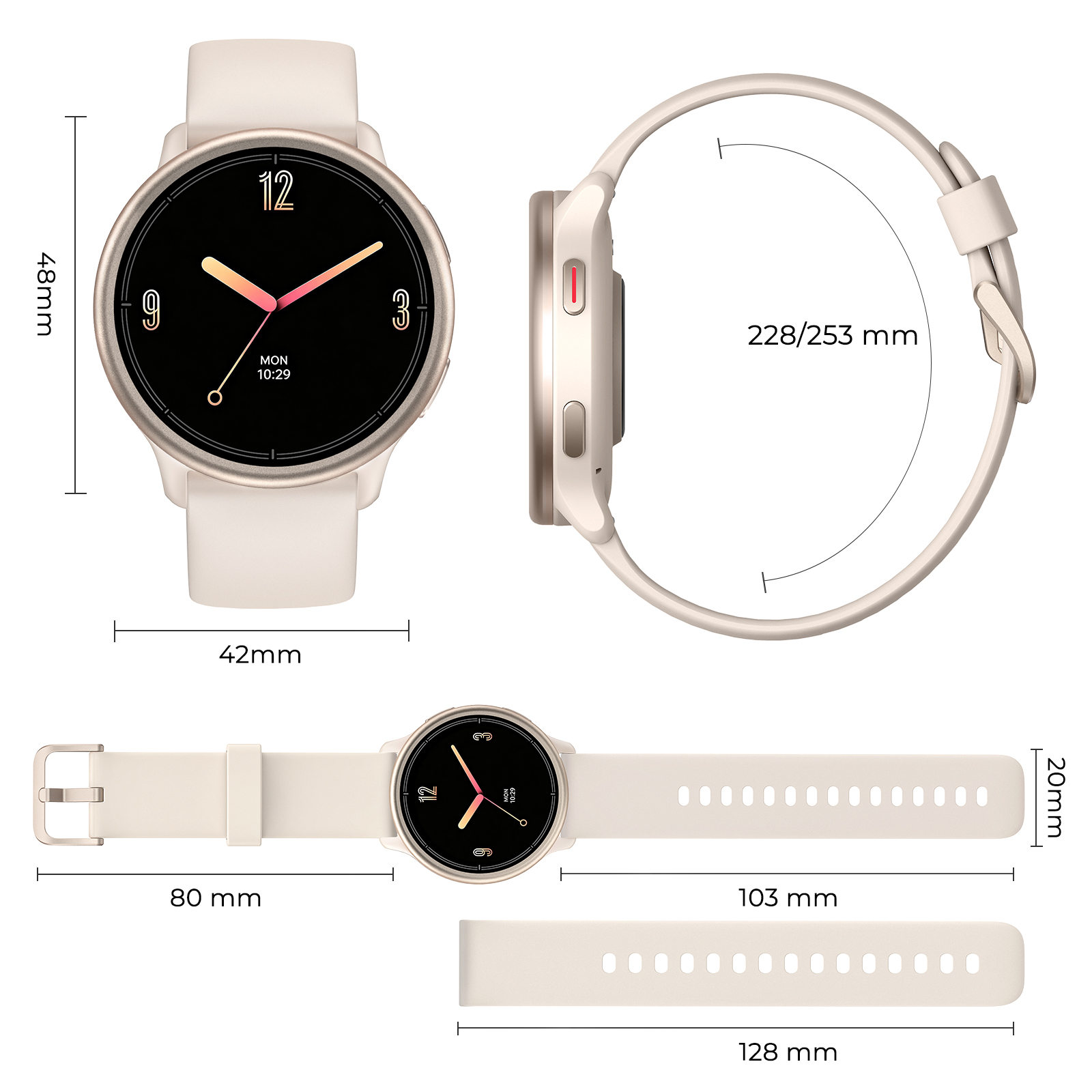 Dibujo técnico de un reloj inteligente beige con dimensiones de alto, ancho, longitud y grosor de correa.