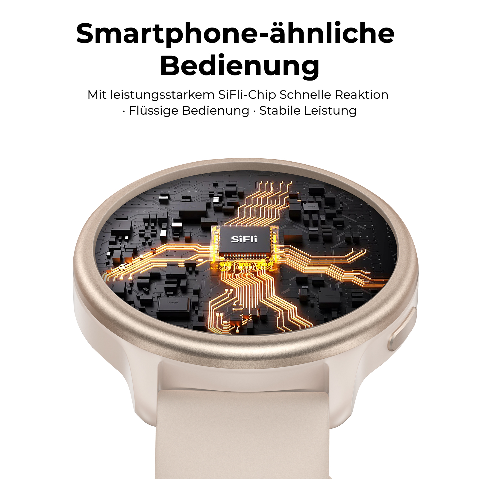 Reloj inteligente dorado con chip SiFli y circuitos eléctricos visibles en la esfera.