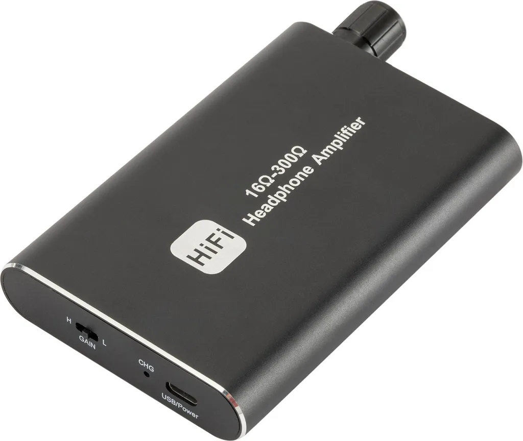 Schwarzer HiFi-Kopfhörerverstärker mit Lautstärkeregler und USB-Anschluss.