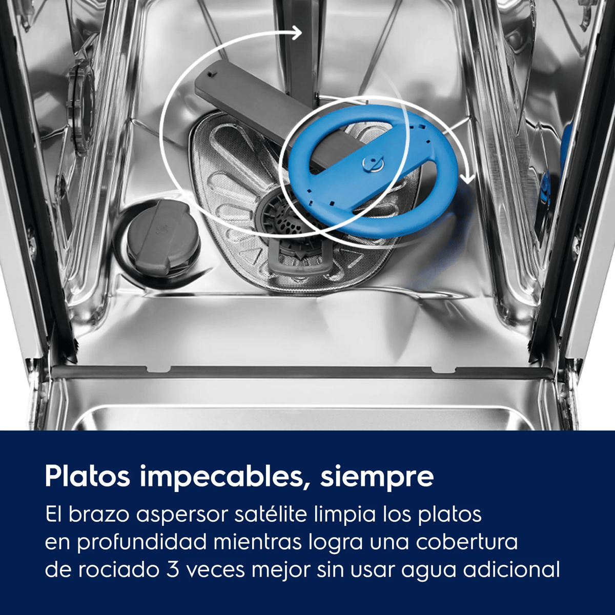 Interior de lavavajillas de acero inoxidable con brazo aspersor azul y texto.