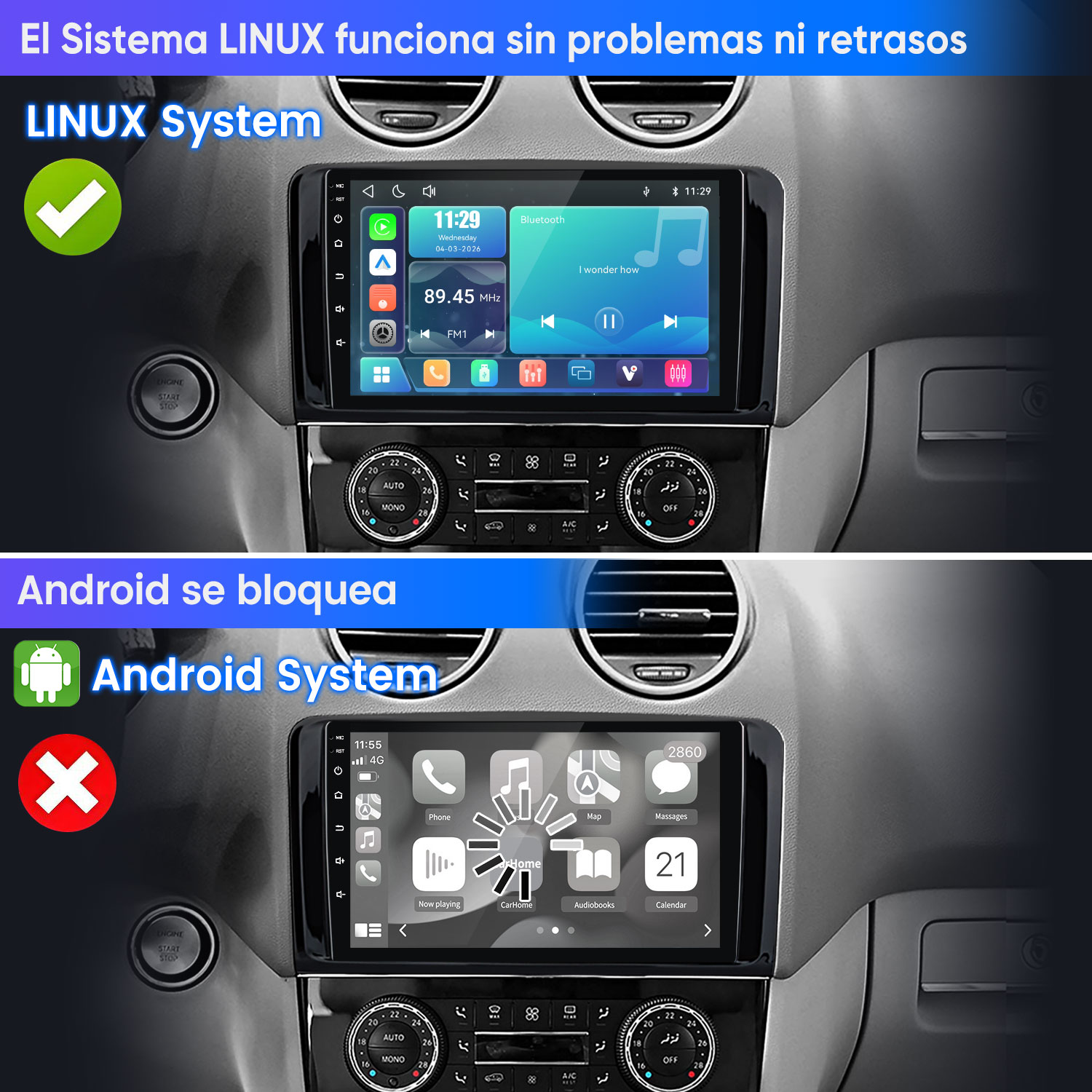 Comparación de pantallas de coche: Linux funciona fluido, mientras Android muestra carga.