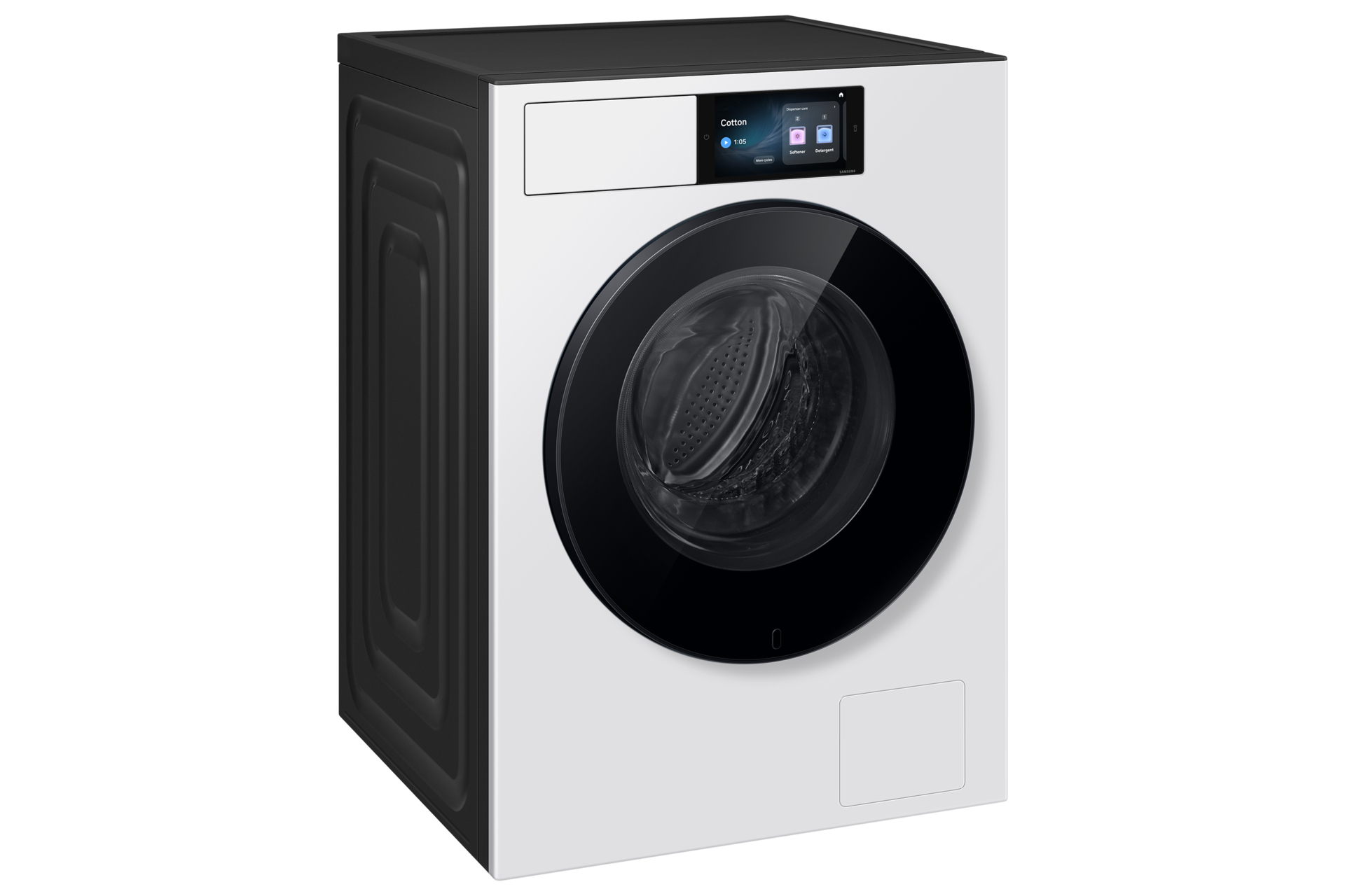 Moderne weiß-schwarze Waschmaschine mit digitalem Display und Bullauge.