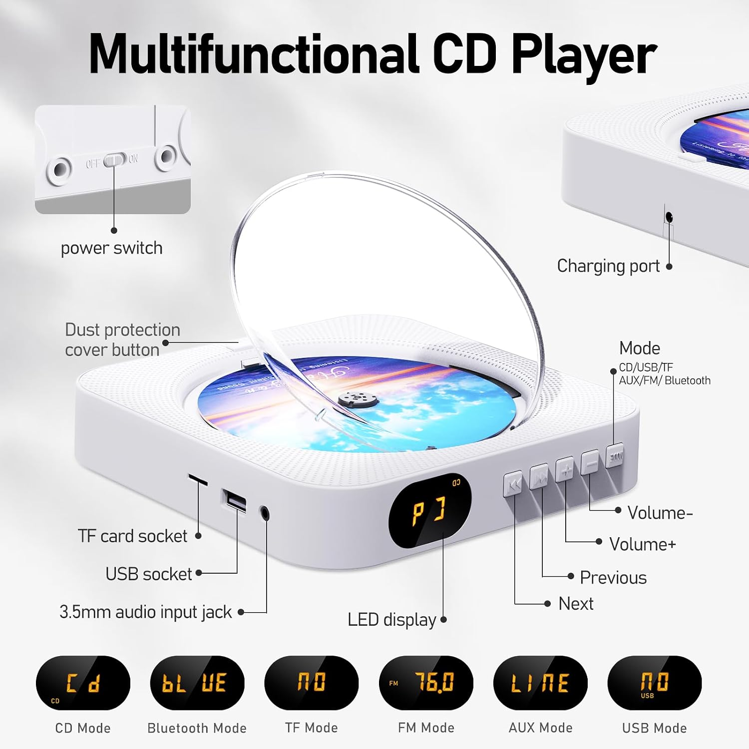 Ein weißer multifunktionaler CD-Player mit Beschriftungen für Anschlüsse, Tasten und Modi.