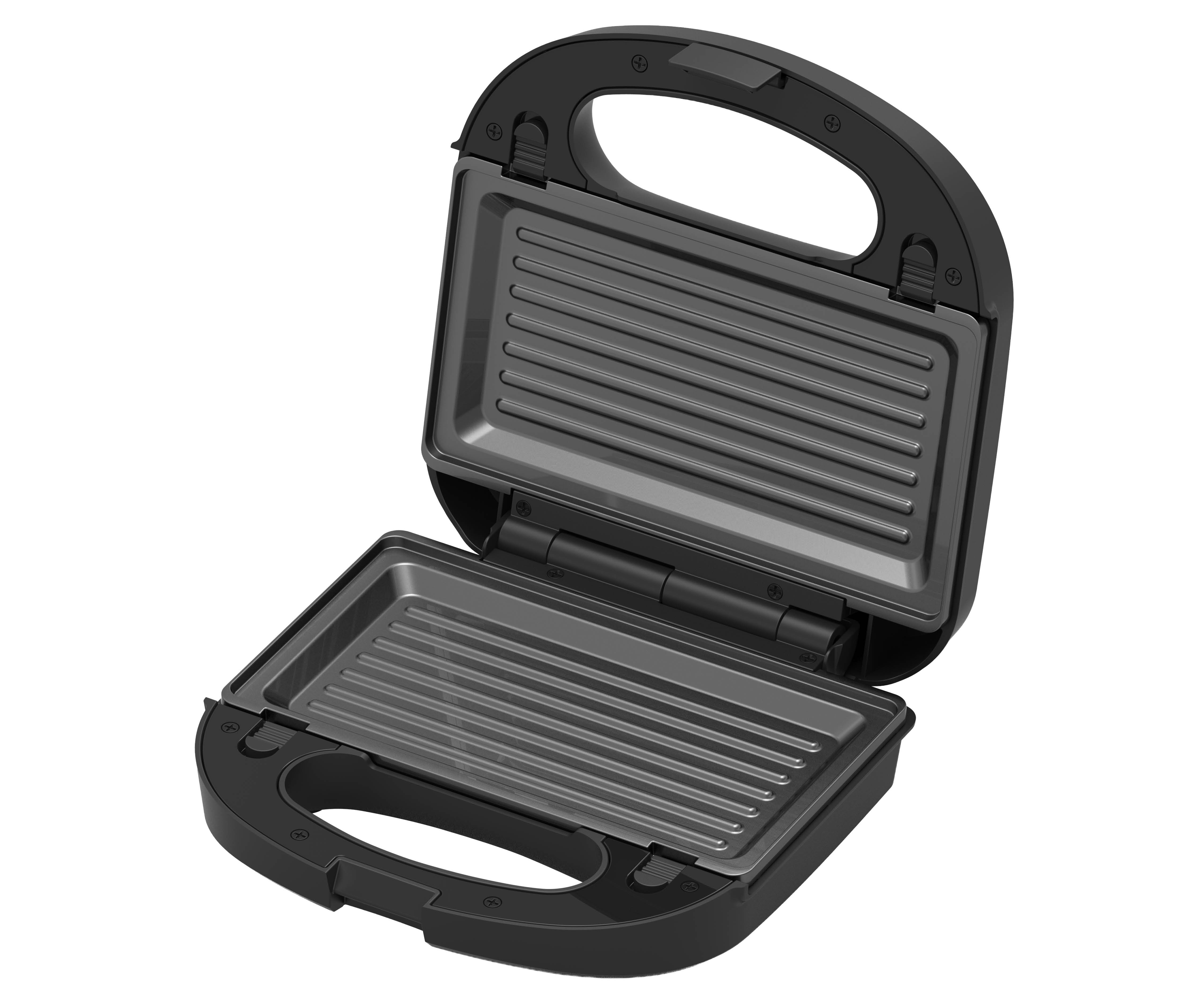 Ein offener schwarzer Sandwichtoaster mit gerippten Antihaftplatten.