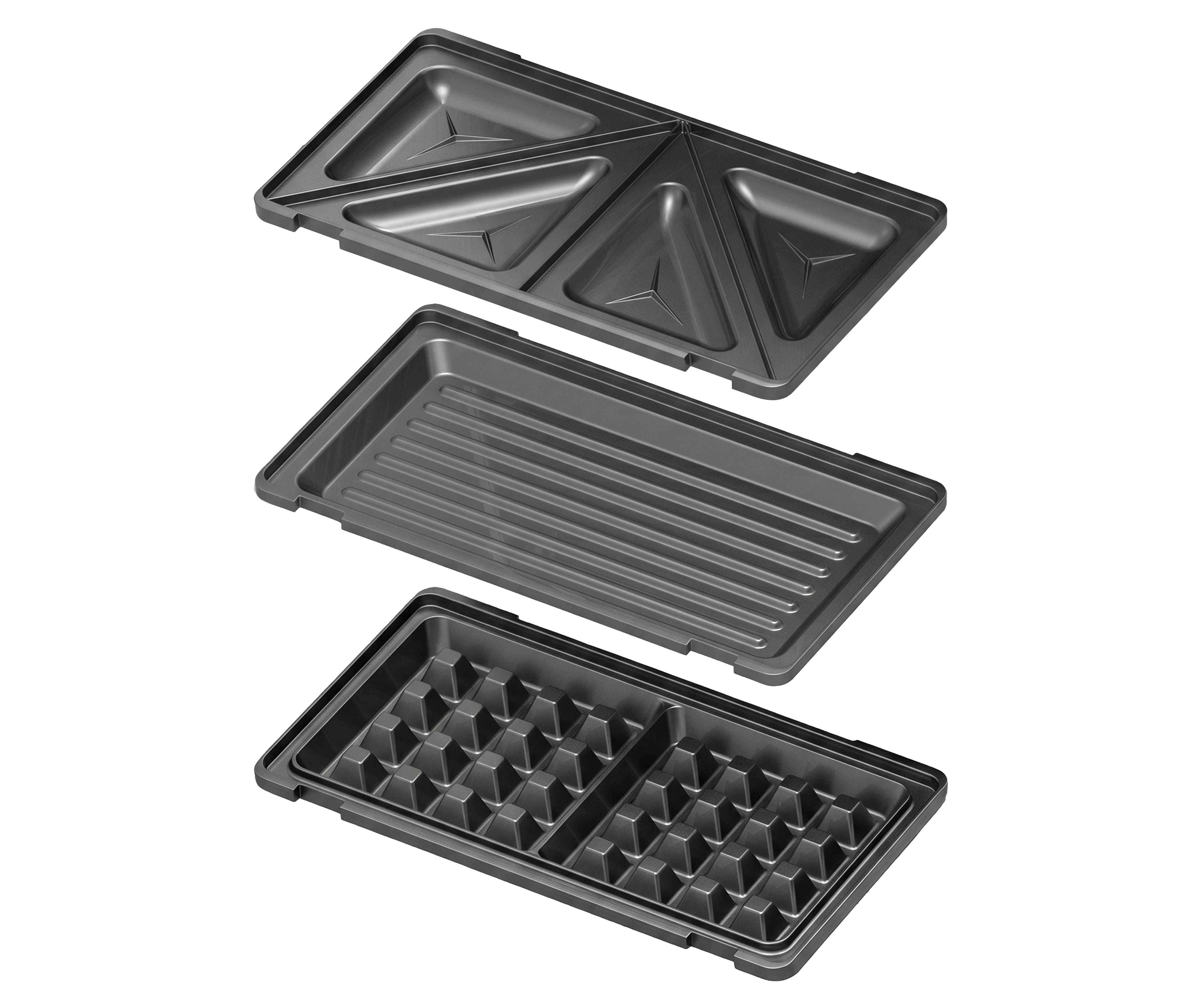Drei austauschbare dunkelgraue Platten für Sandwicheisen, Grill und Waffeleisen auf weißem Hintergrund.