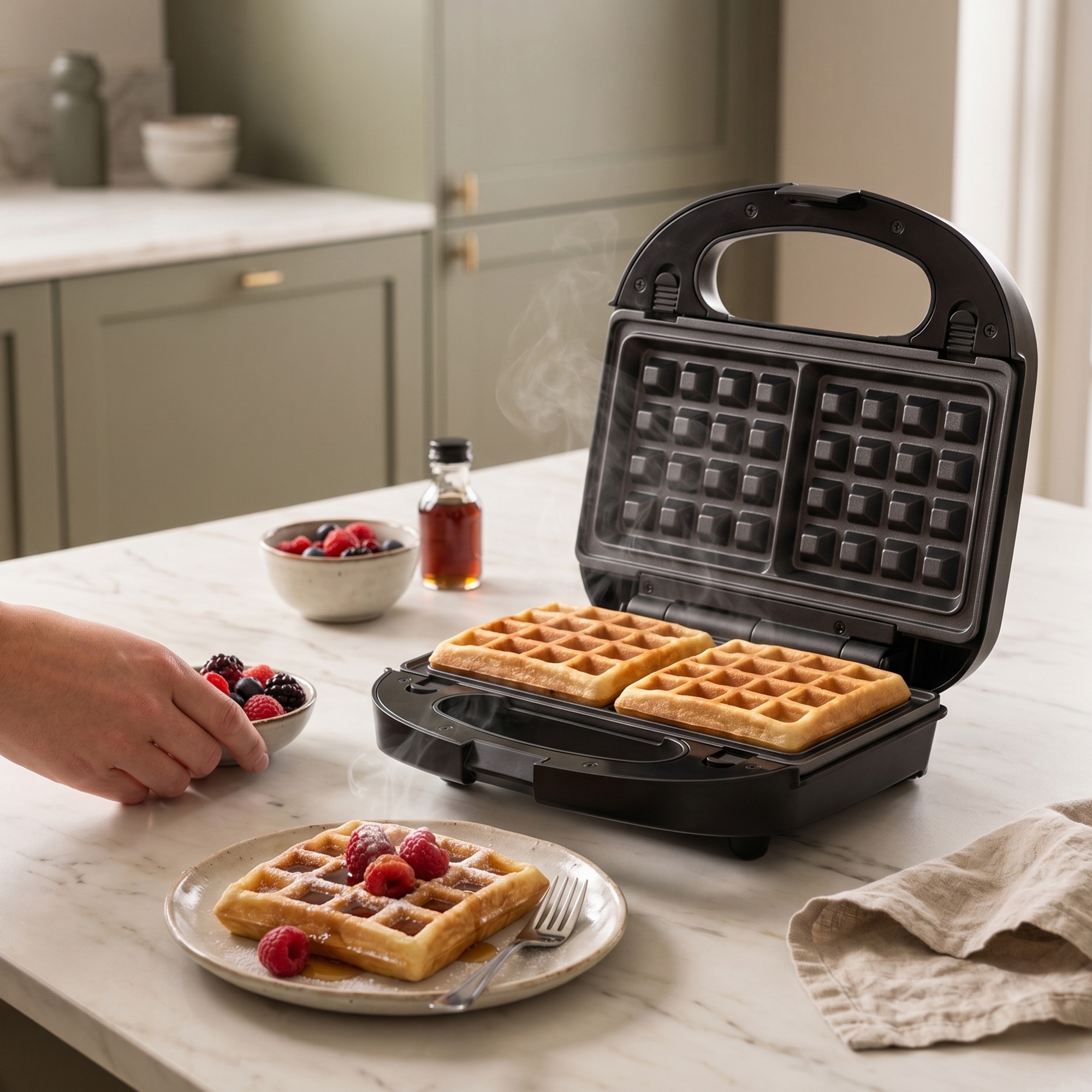 Ein Waffeleisen mit frisch gebackenen Waffeln auf einer Arbeitsplatte mit Beeren und Sirup.