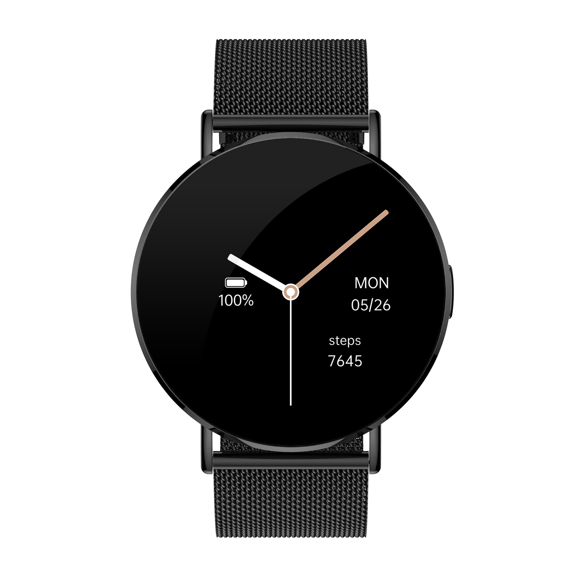 Schwarze Smartwatch mit rundem Zifferblatt und Metallarmband zeigt Uhrzeit, Datum und Schritte.