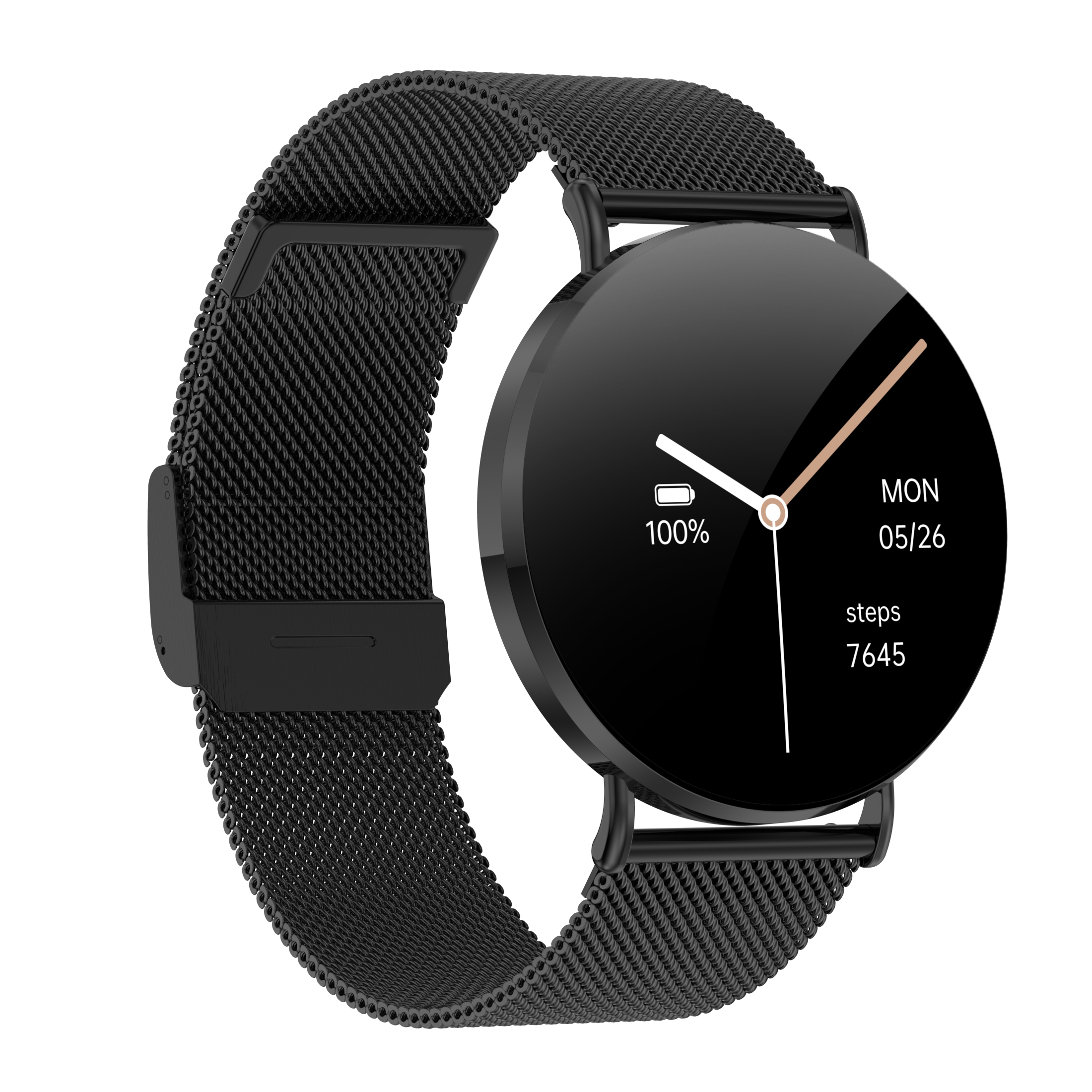 Schwarze Smartwatch mit rundem Display und Metall-Milanaise-Armband auf weißem Hintergrund.
