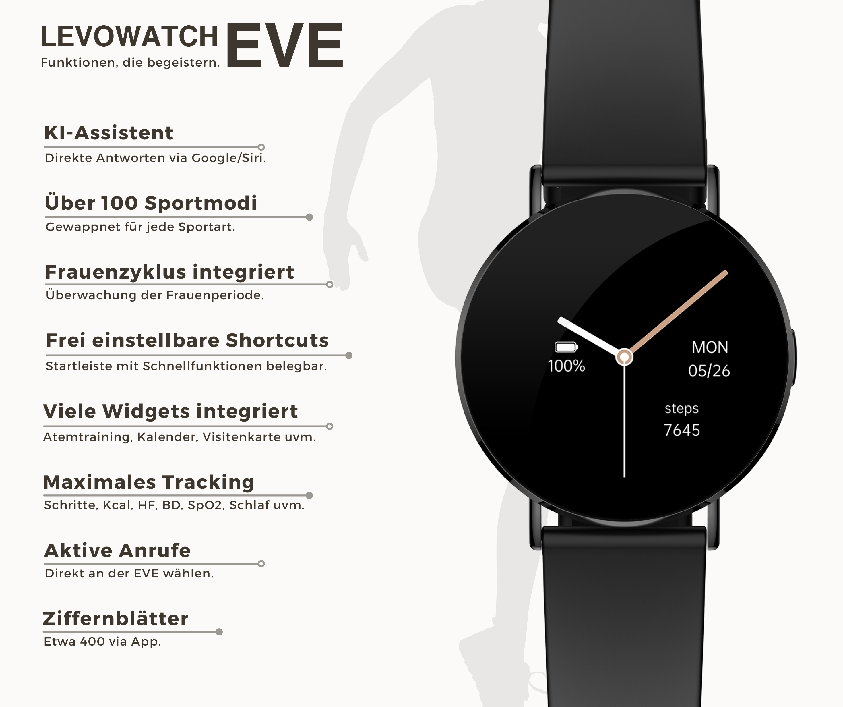 Schwarze Smartwatch LevoWatch Eve mit runden Zifferblatt und Funktionsliste.