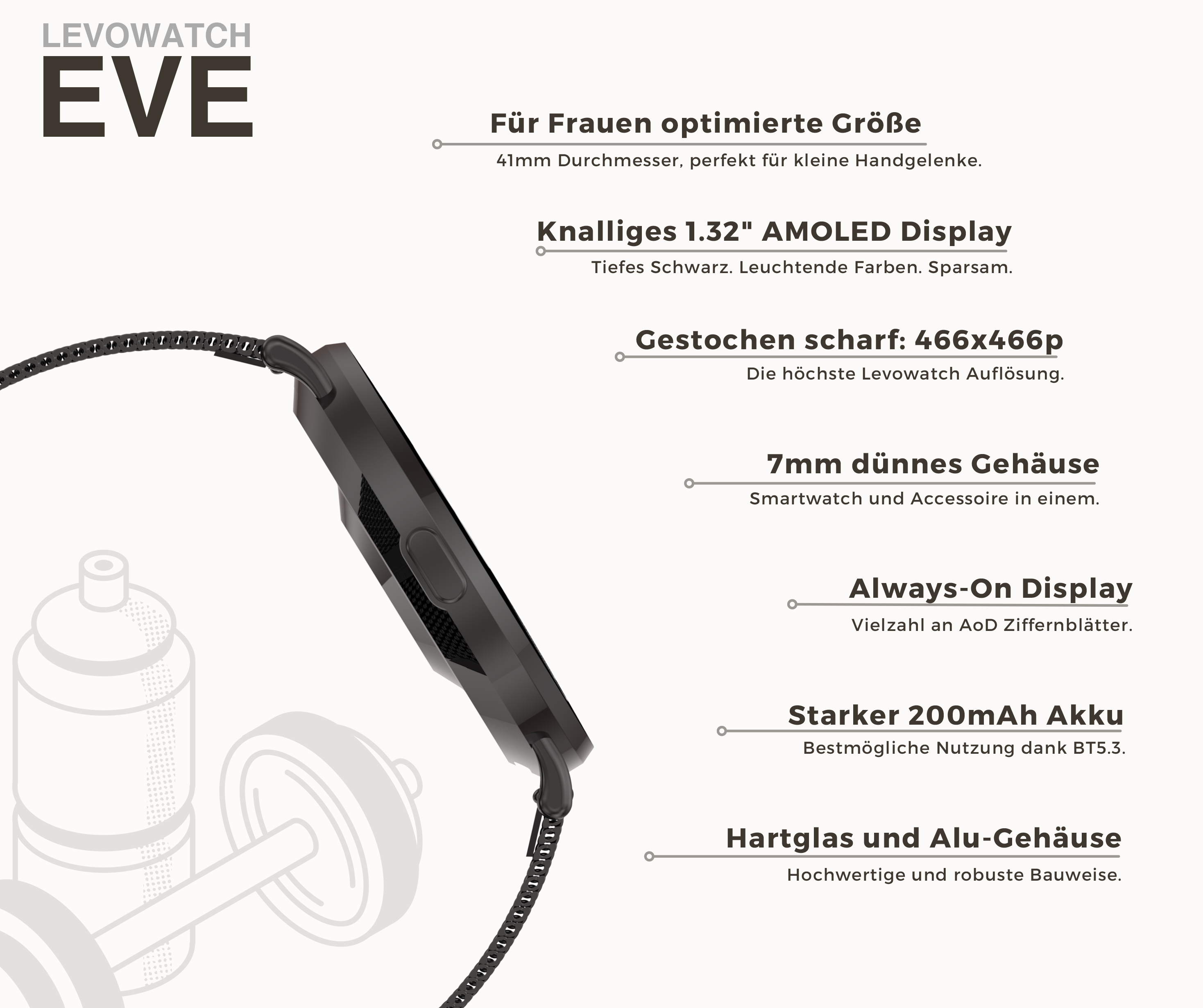 Levowatch EVE Smartwatch mit AMOLED Display, 41mm Gehäuse und sportlichem Zubehör im Hintergrund.