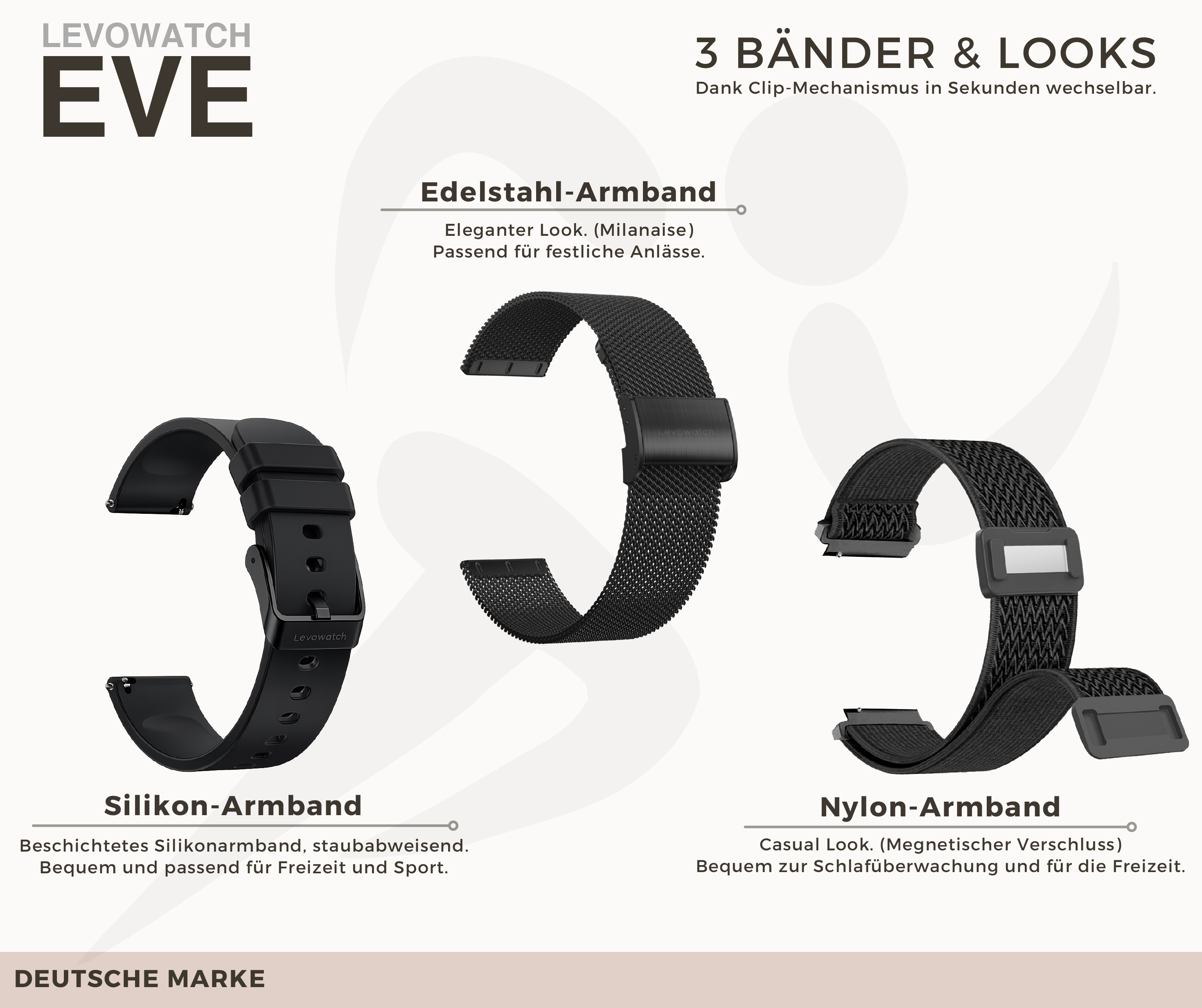 Drei schwarze Uhrenarmbänder: Silikon, Edelstahl-Mesh und Nylon, mit deutschen Beschriftungen.