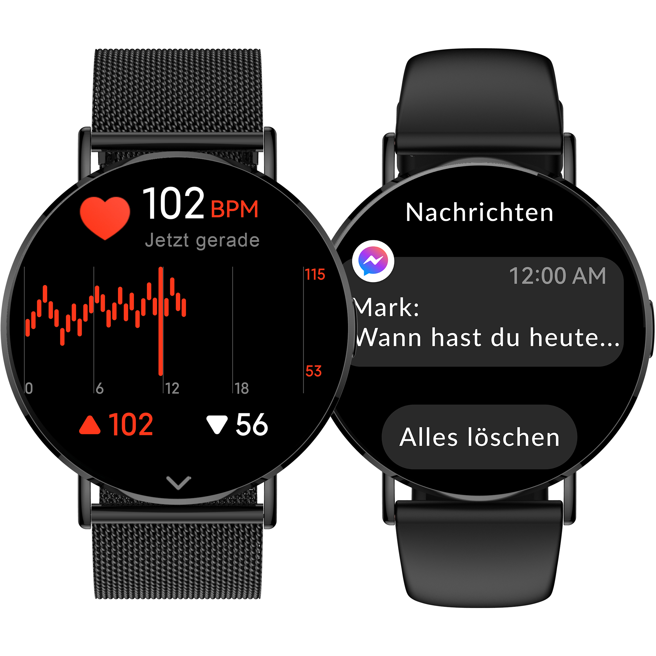 Zwei schwarze Smartwatches zeigen Herzfrequenzdaten und eine Messenger-Nachricht auf dem Display.