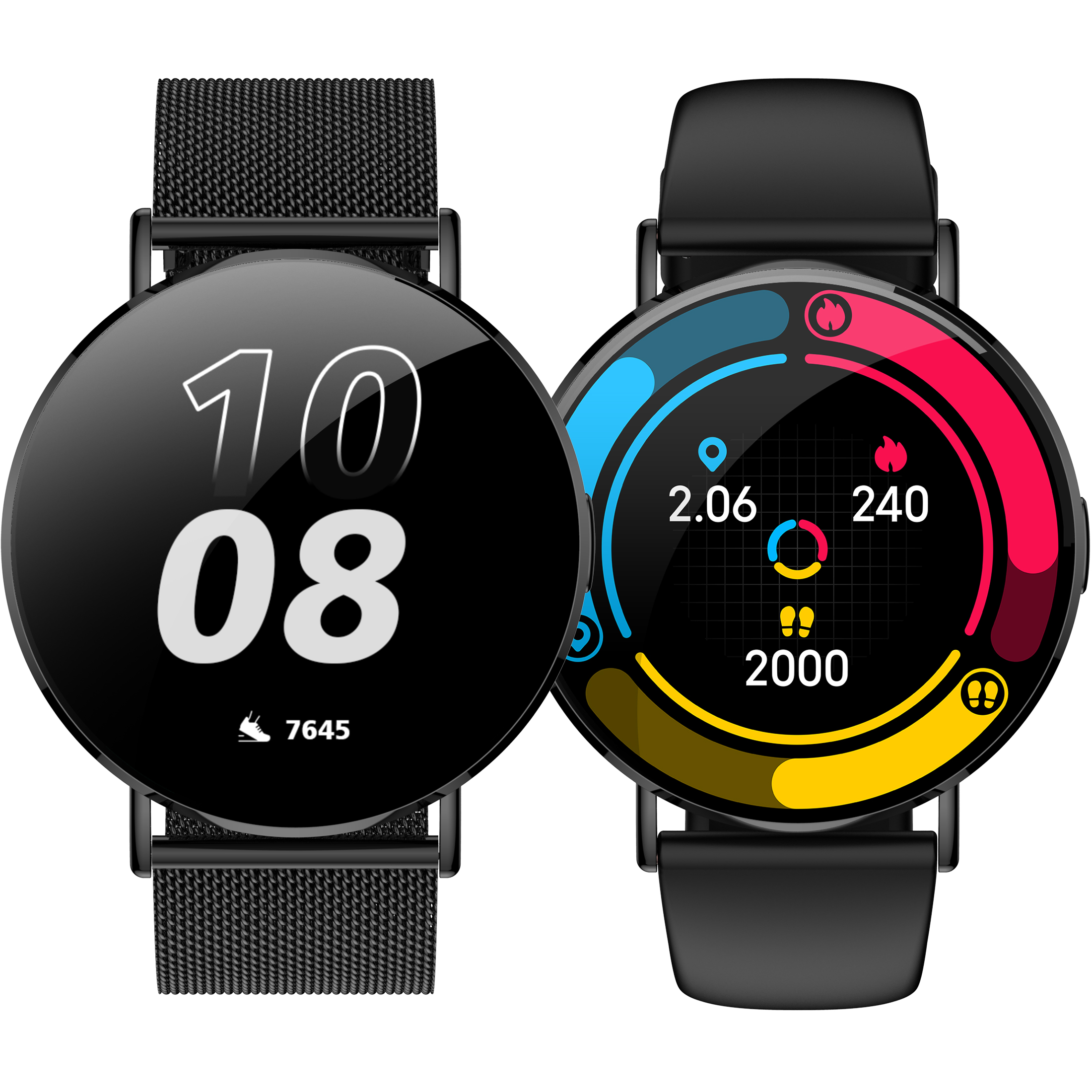 Zwei runde Smartwatches mit unterschiedlichen Zifferblättern auf weißem Hintergrund.