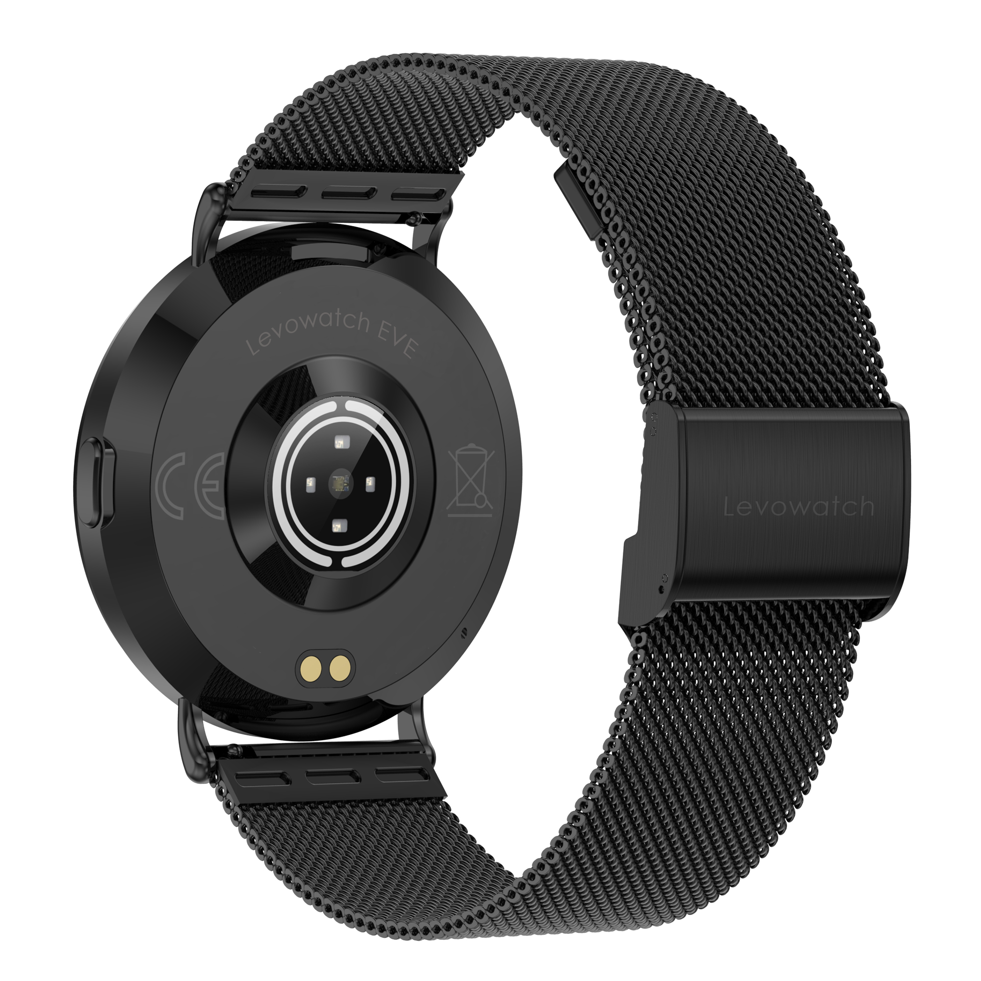 Rückseite einer schwarzen Smartwatch mit Metallnetzarmband und integrierten Sensoren.