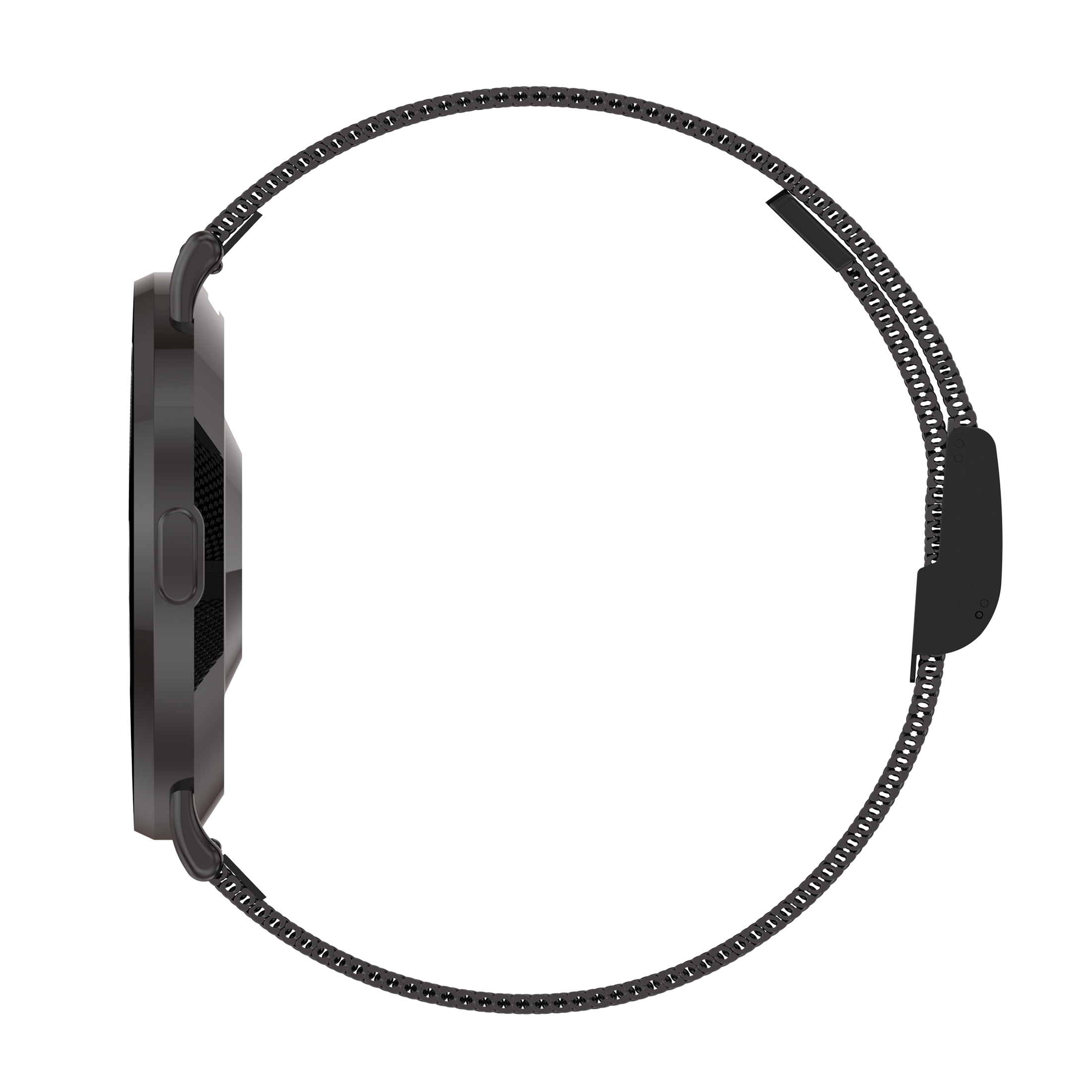Seitenansicht einer schwarzen Smartwatch mit einem feingliedrigen Metallarmband auf weißem Hintergrund.