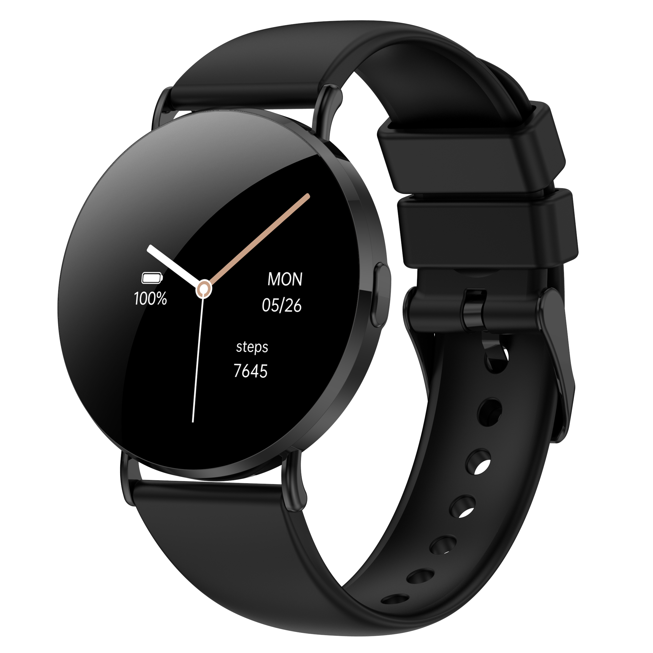 Eine schwarze Smartwatch mit rundem Display, analogem Zifferblatt, Akkustand, Datum und Schrittzähler.