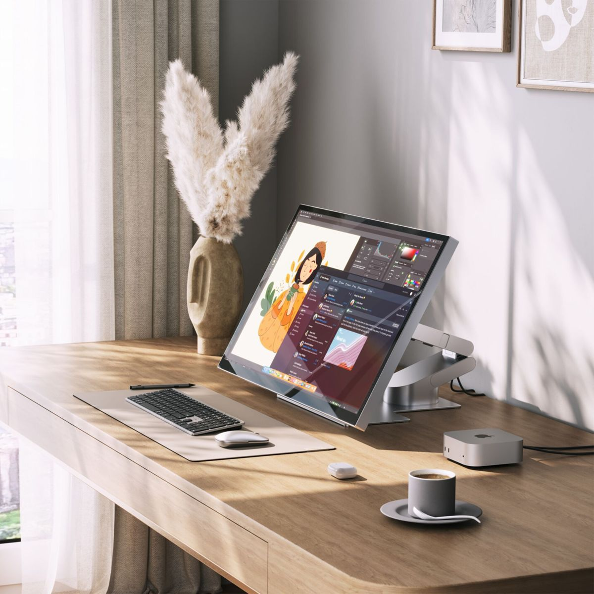 Ein Holztisch mit Monitor, Tastatur, Maus, Kaffeetasse und einer Vase mit getrockneten Blumen in einem hellen Raum.