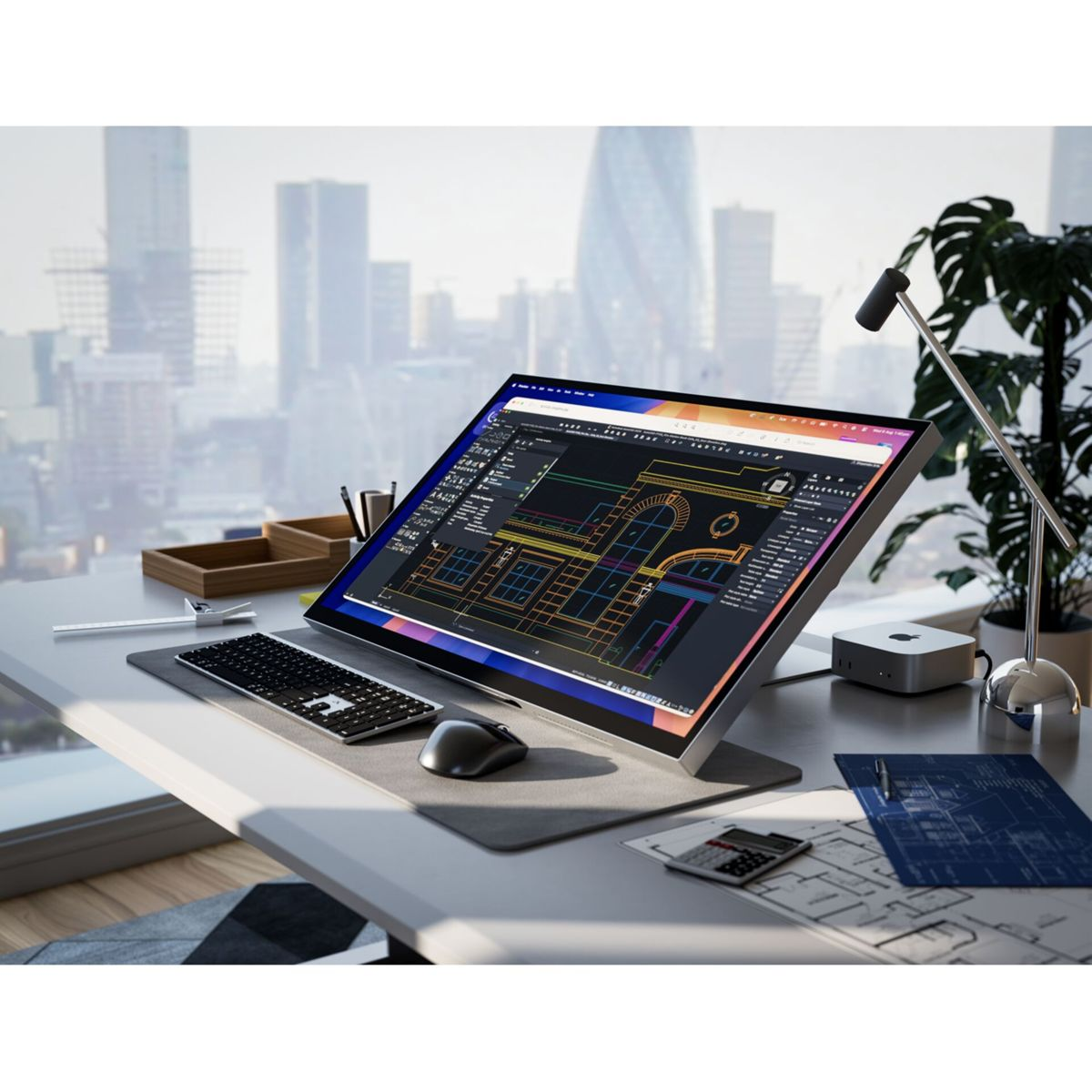 Ein moderner Schreibtisch mit Computer, Architekturplänen, Tastatur, Maus, Blaupausen und Stadtblick.