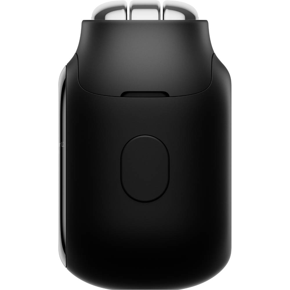 Un dispositivo elettronico nero e liscio con pulsanti in alto su uno sfondo chiaro.